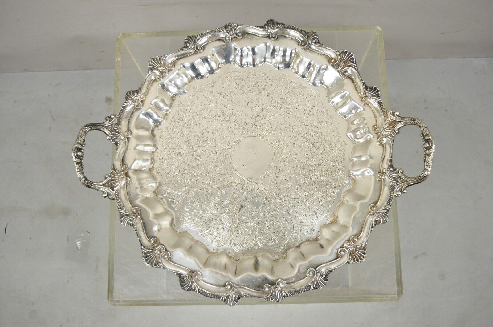 Regency Style Ornate Heavy Silver Plated Twin Handle Scalloped Platter Tray For Sale 4