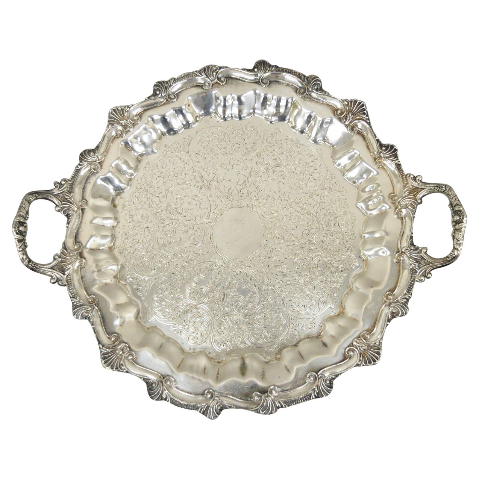 Regency Style Ornate Heavy Silver Plated Twin Handle Scalloped Platter Tray