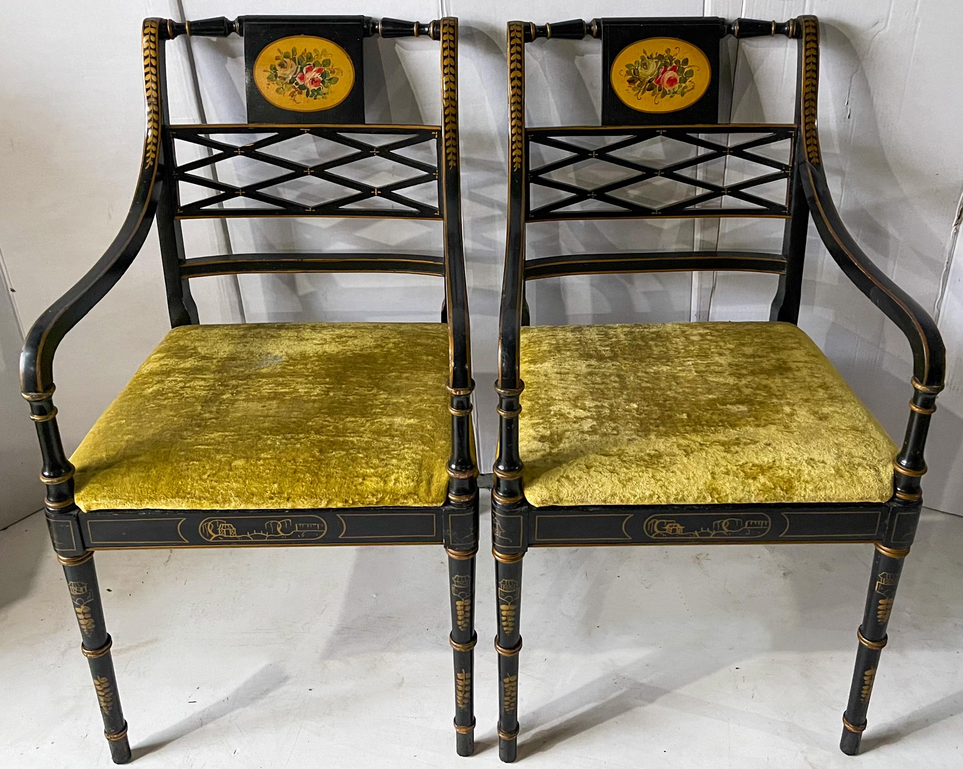 American Regency Style Painted Black Lacquer Chinoiserie Bergere Chairs, Pair For Sale