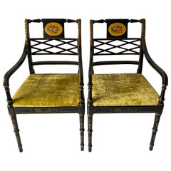 Regency Style Painted Black Lacquer Chinoiserie Bergere Chairs, Pair