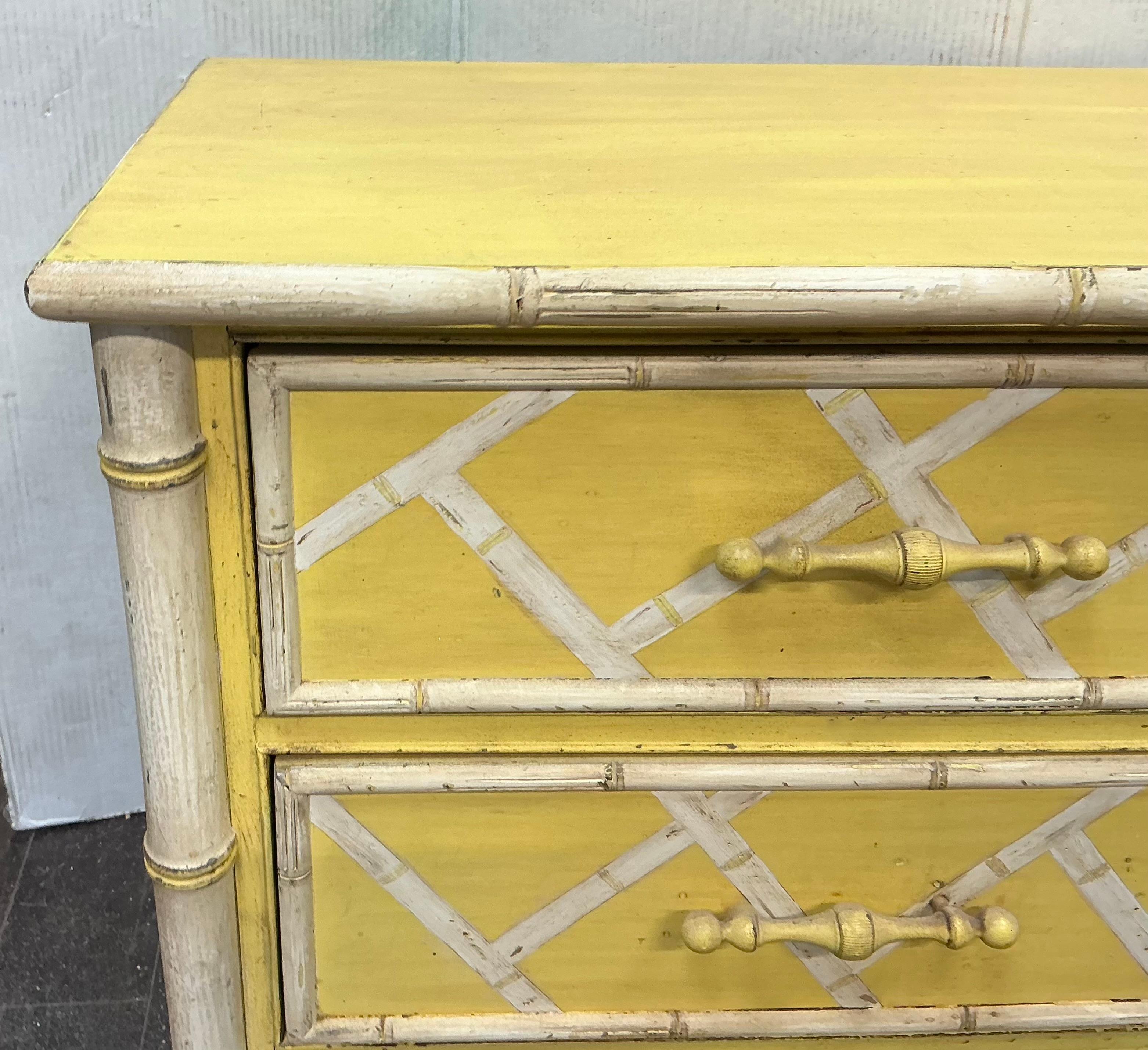 This is such a cute piece! It is a regency style hand painted faux bamboo chest or side table. It was manufactured by National Mt. Airy and dates to the 60s. The finish is intentionally distressed. 

My shipping is running two to five weeks, and for