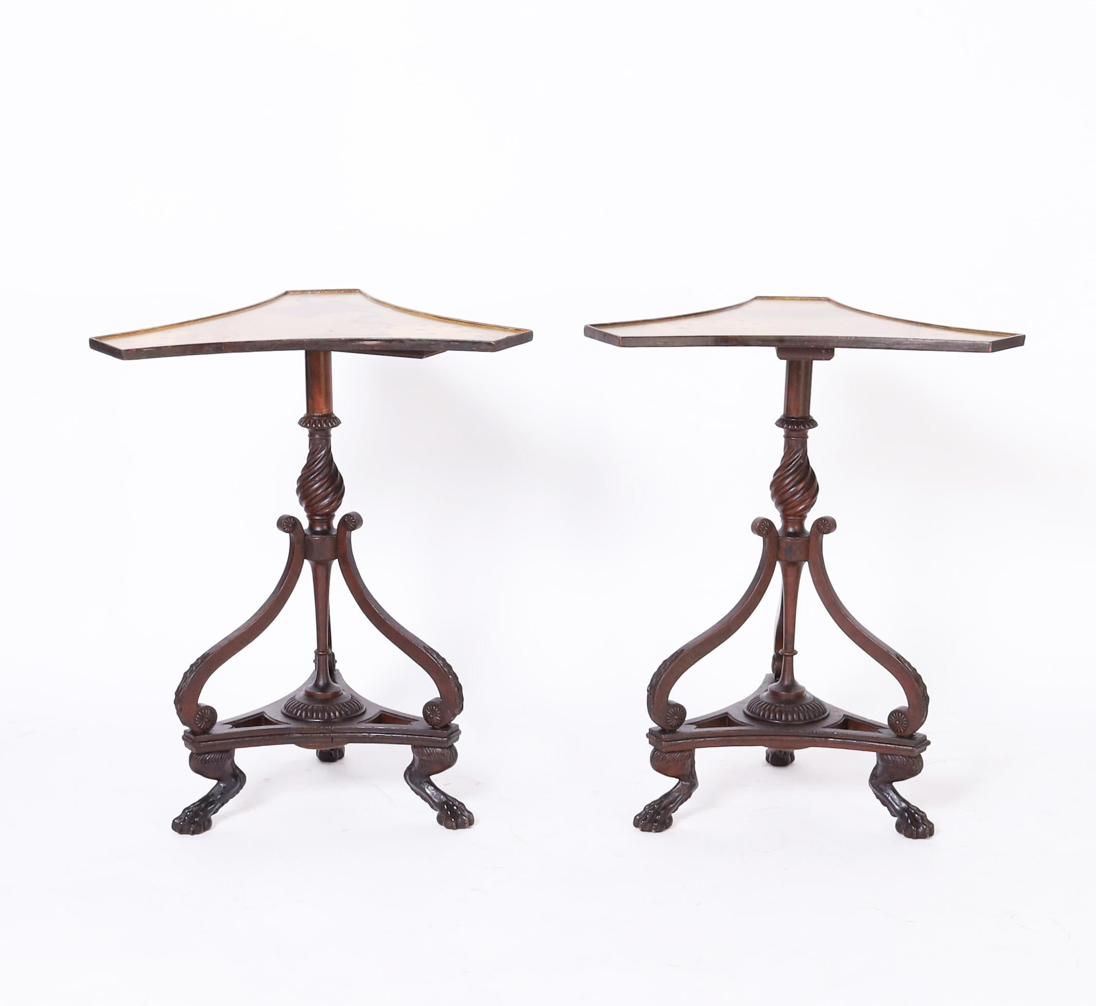 Hand-Carved  Regency Style Pair of Antique English Stands with Tromp L'oeil Tops