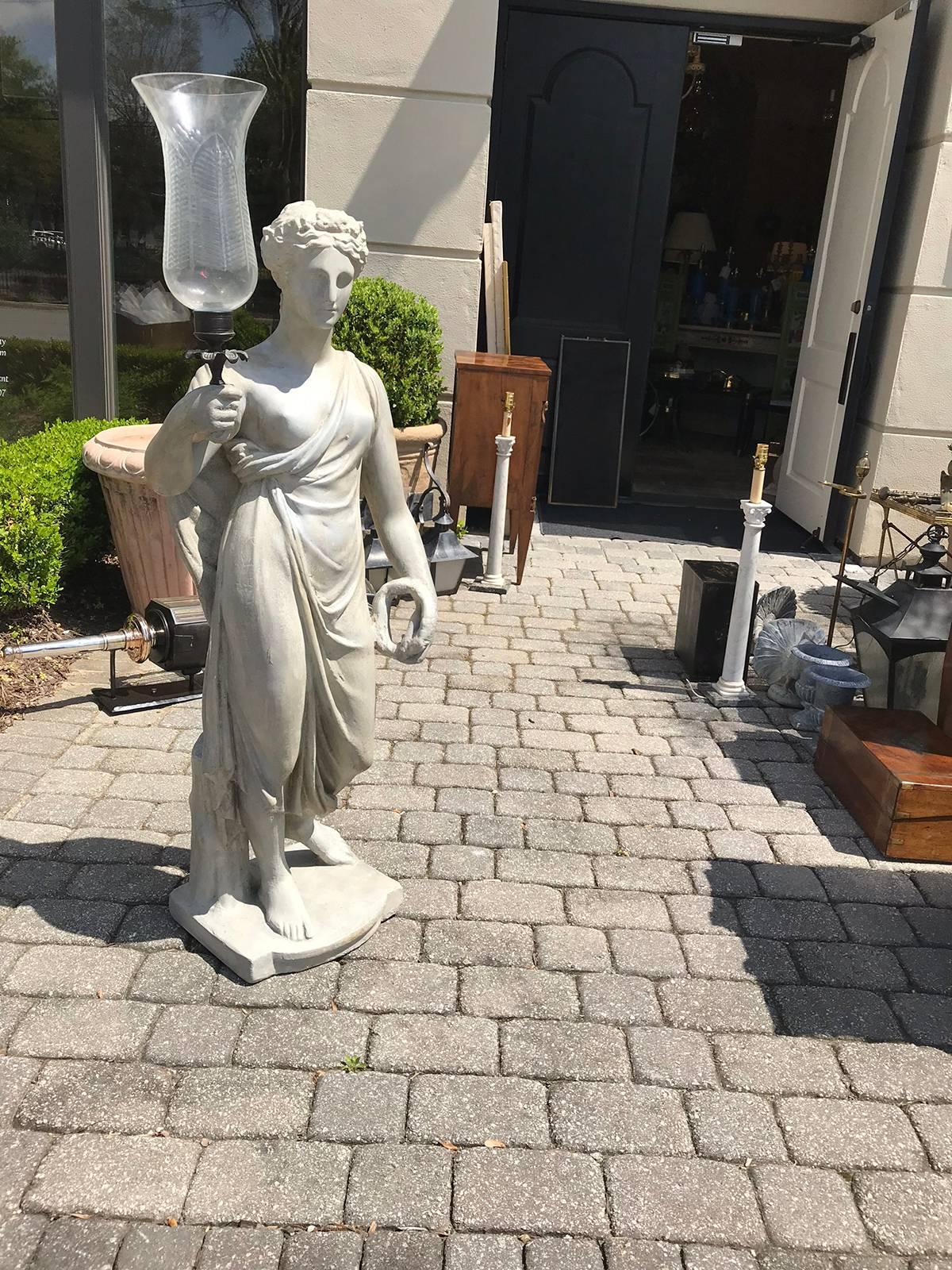 Regency Style Plaster Figural Maiden with Candleholder and Globe In Good Condition For Sale In Atlanta, GA