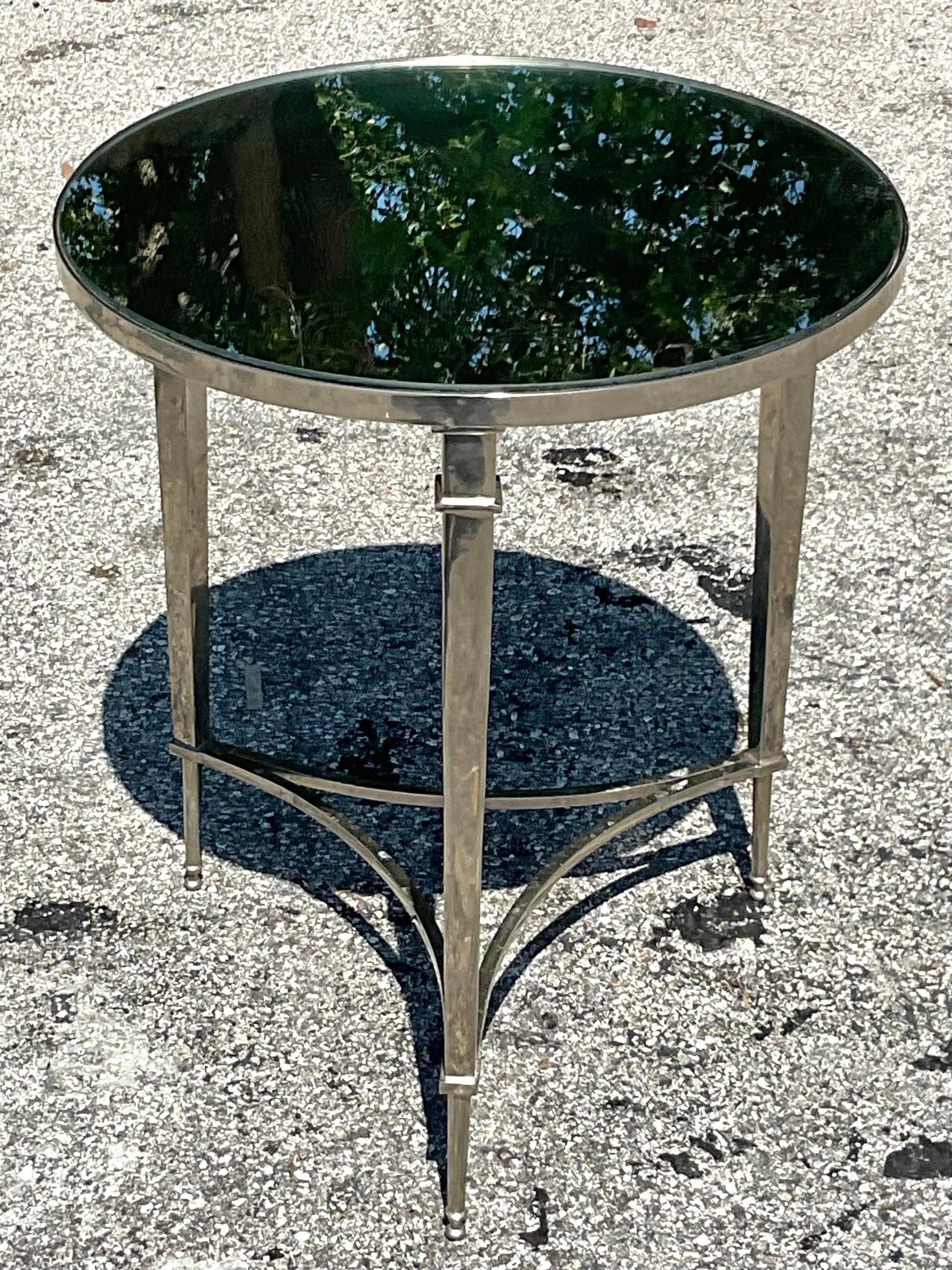 Contemporary Regency Style Polished Nickel and Mirror Side Table
