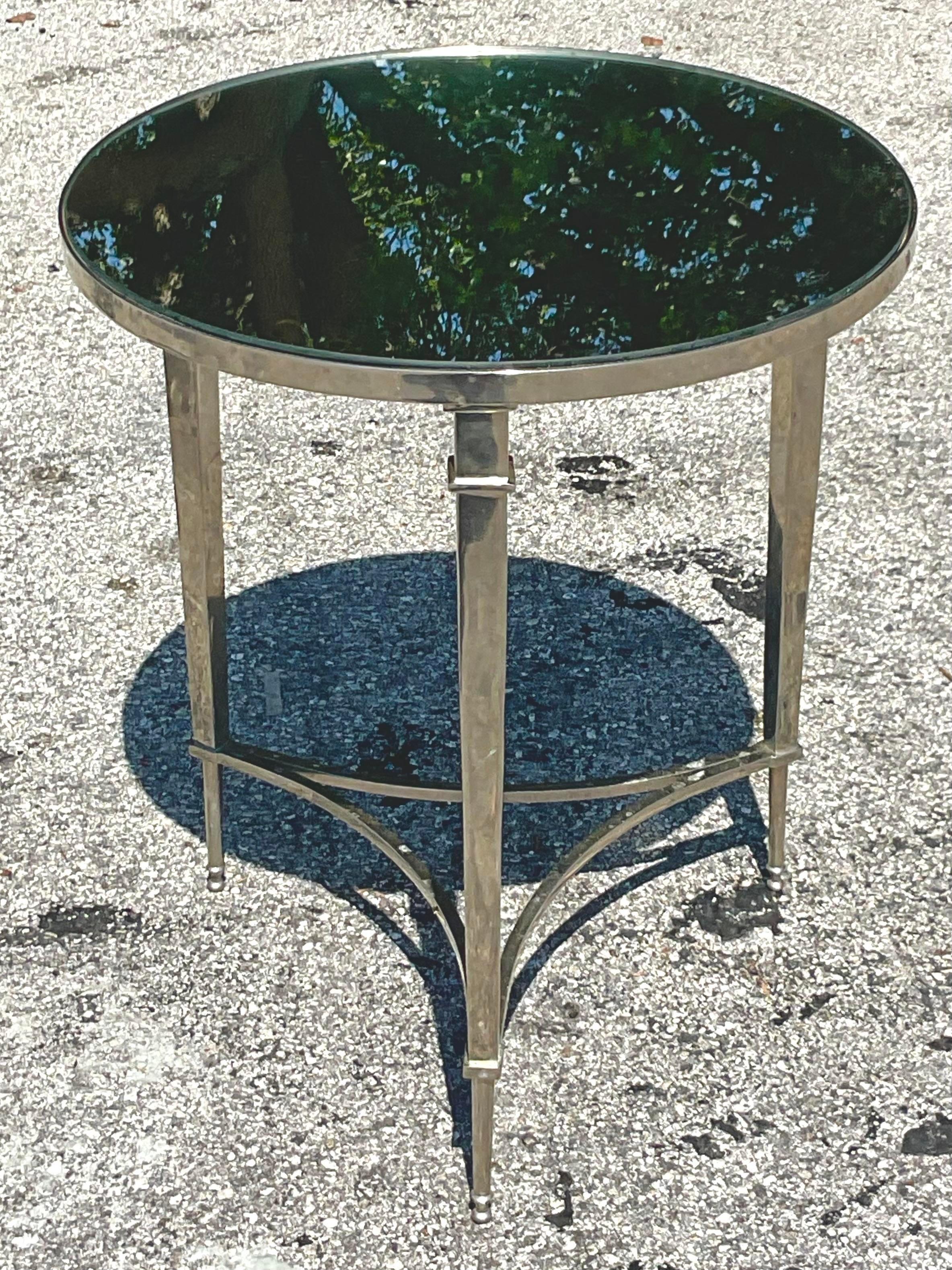 Glass Regency Style Polished Nickel and Mirror Side Table