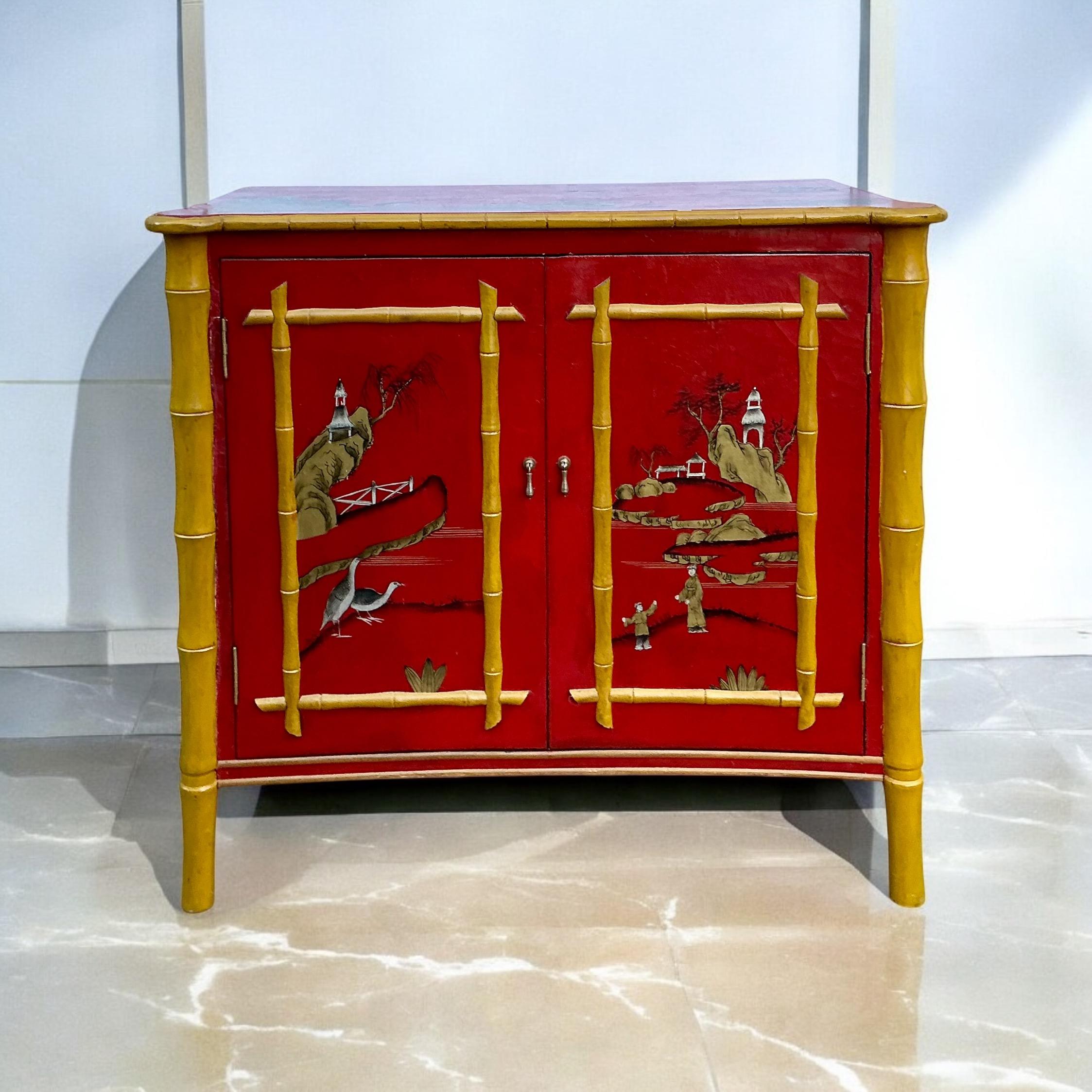American Regency Style Red Lacquer Chinoiserie Cabinet W/ Faux Bamboo Accents For Sale