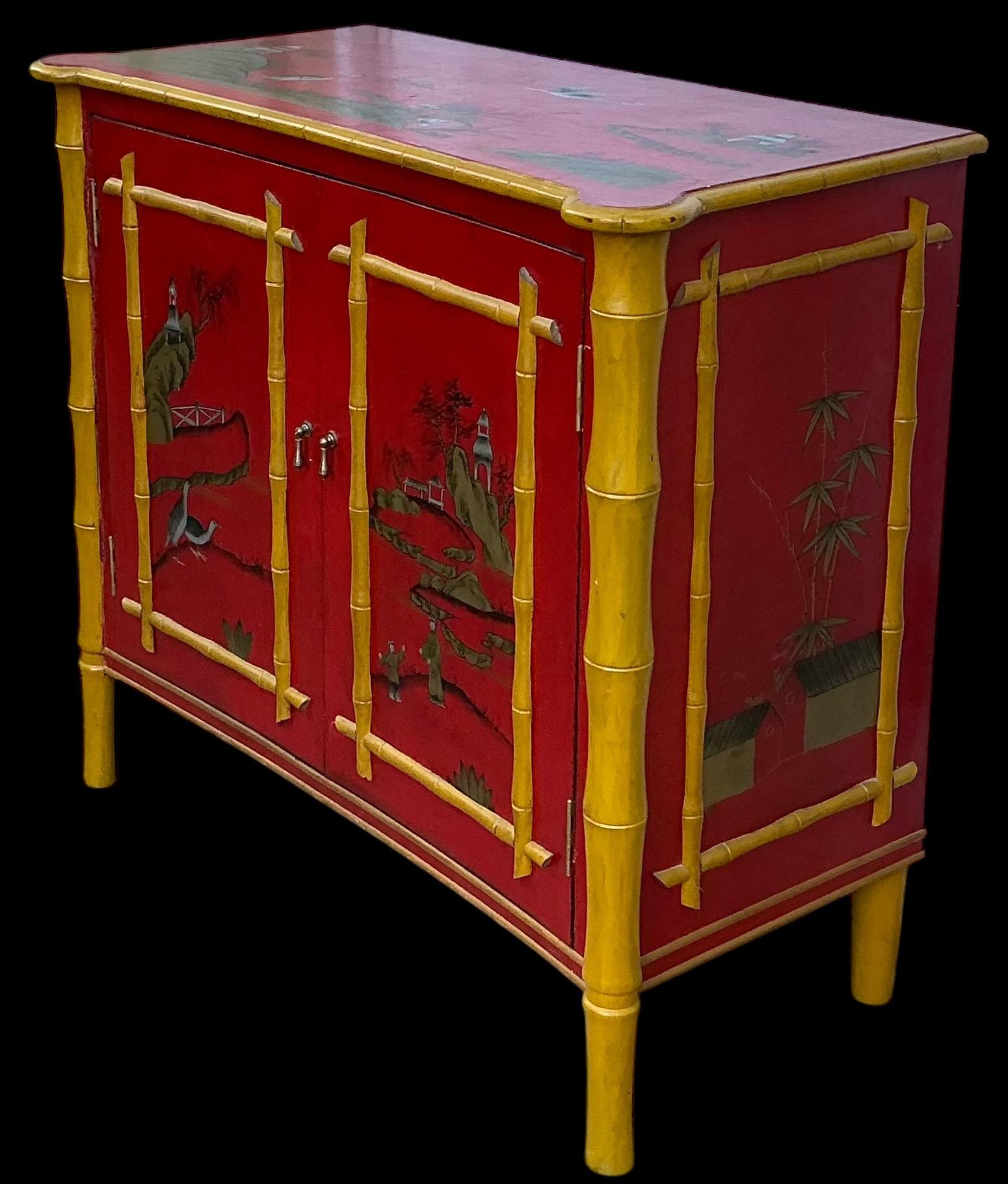 Regency Style Red Lacquer Chinoiserie Cabinet W/ Faux Bamboo Accents In Good Condition For Sale In Kennesaw, GA