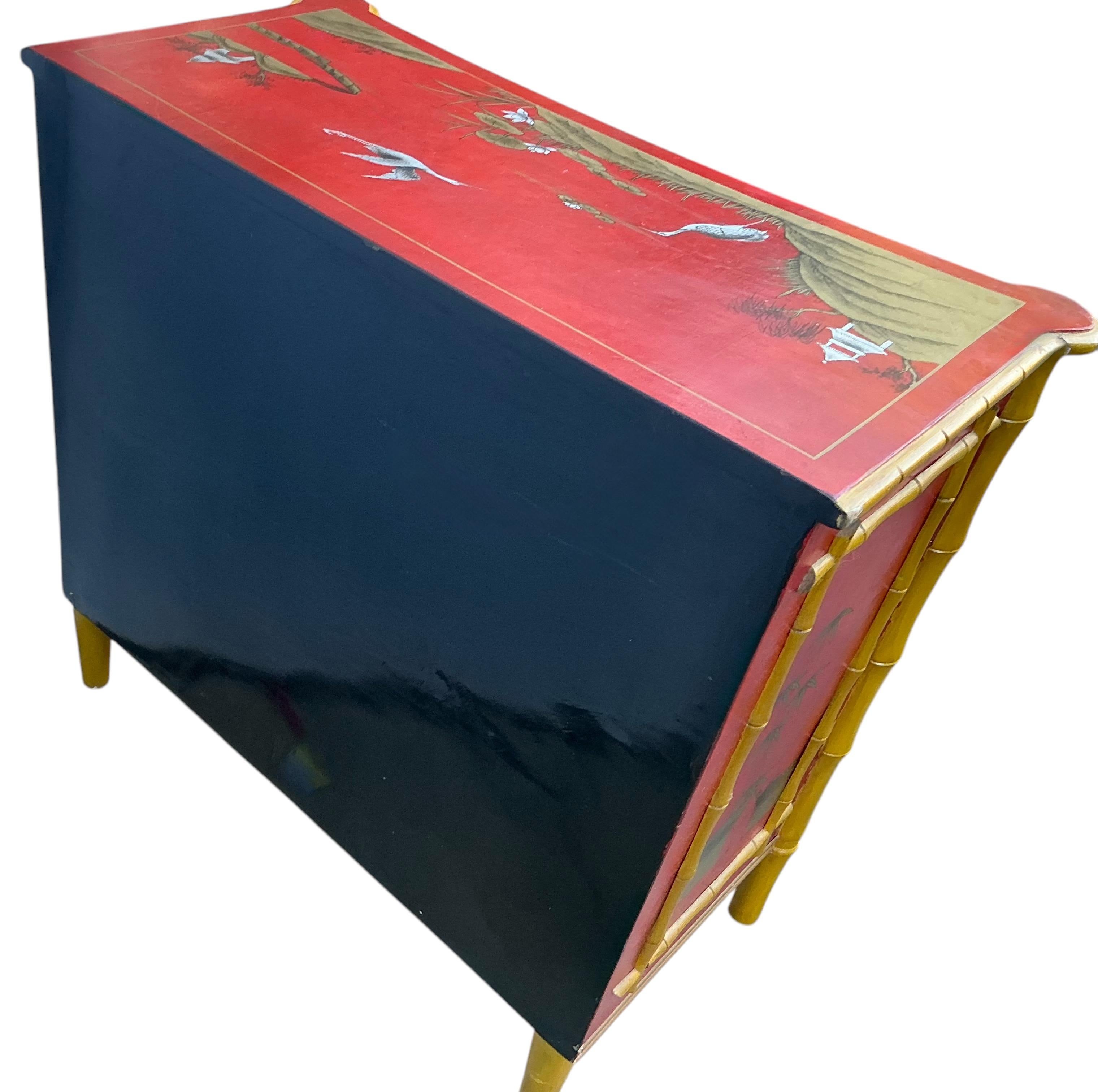 20th Century Regency Style Red Lacquer Chinoiserie Cabinet W/ Faux Bamboo Accents For Sale