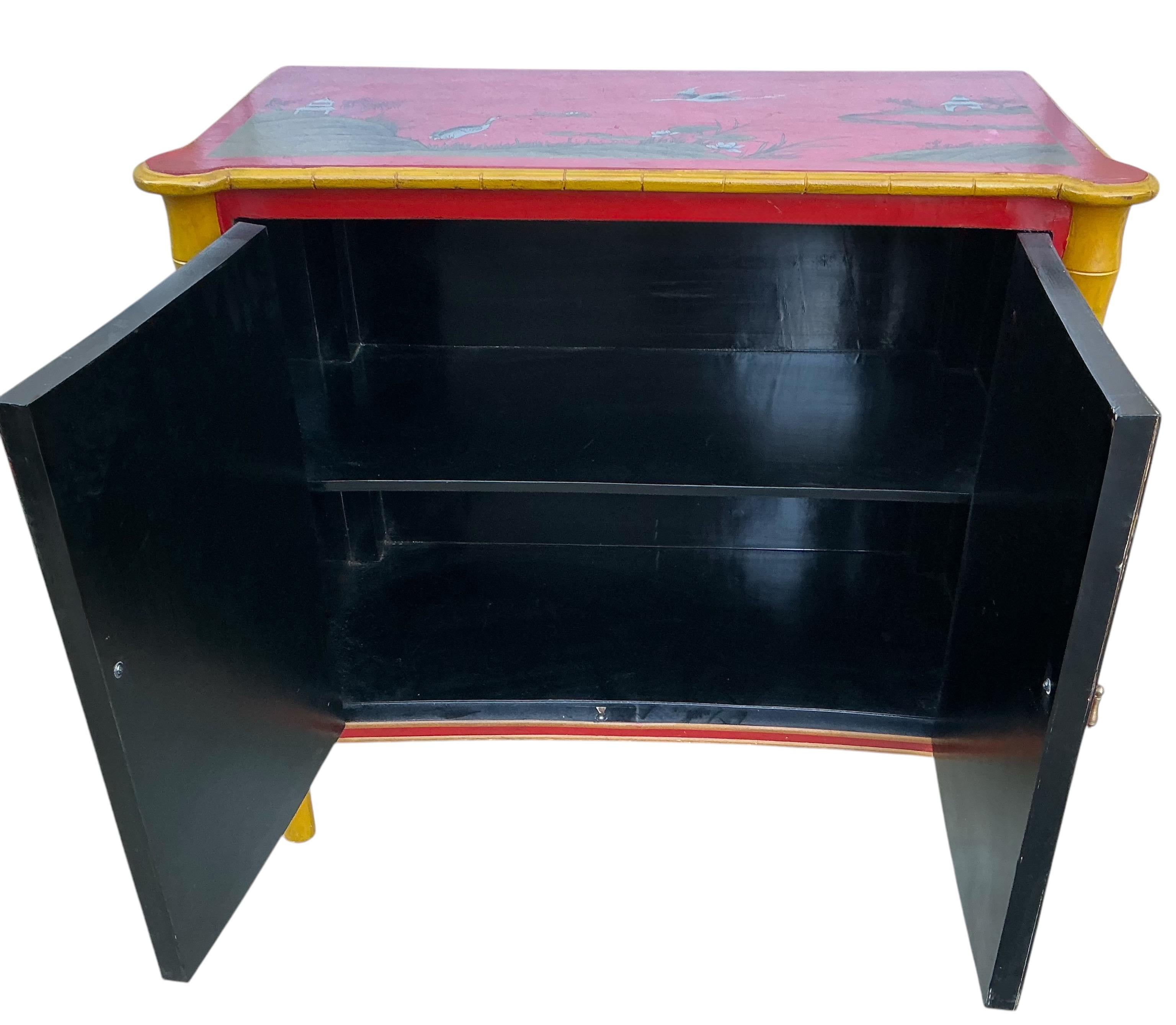 Wood Regency Style Red Lacquer Chinoiserie Cabinet W/ Faux Bamboo Accents For Sale