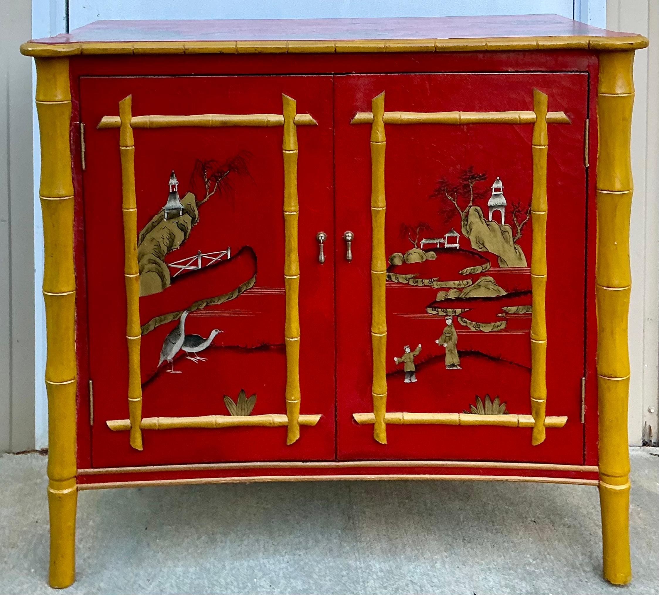 Regency Style Red Lacquer Chinoiserie Cabinet W/ Faux Bamboo Accents For Sale 1