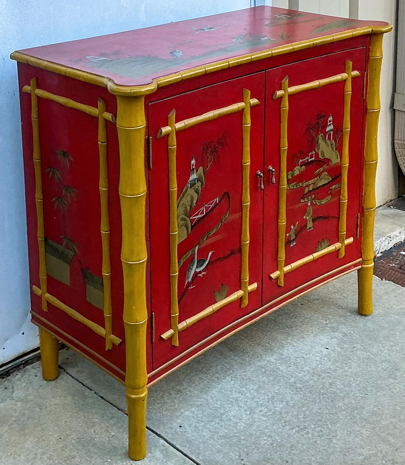 Regency Style Red Lacquer Chinoiserie Cabinet W/ Faux Bamboo Accents For Sale 2