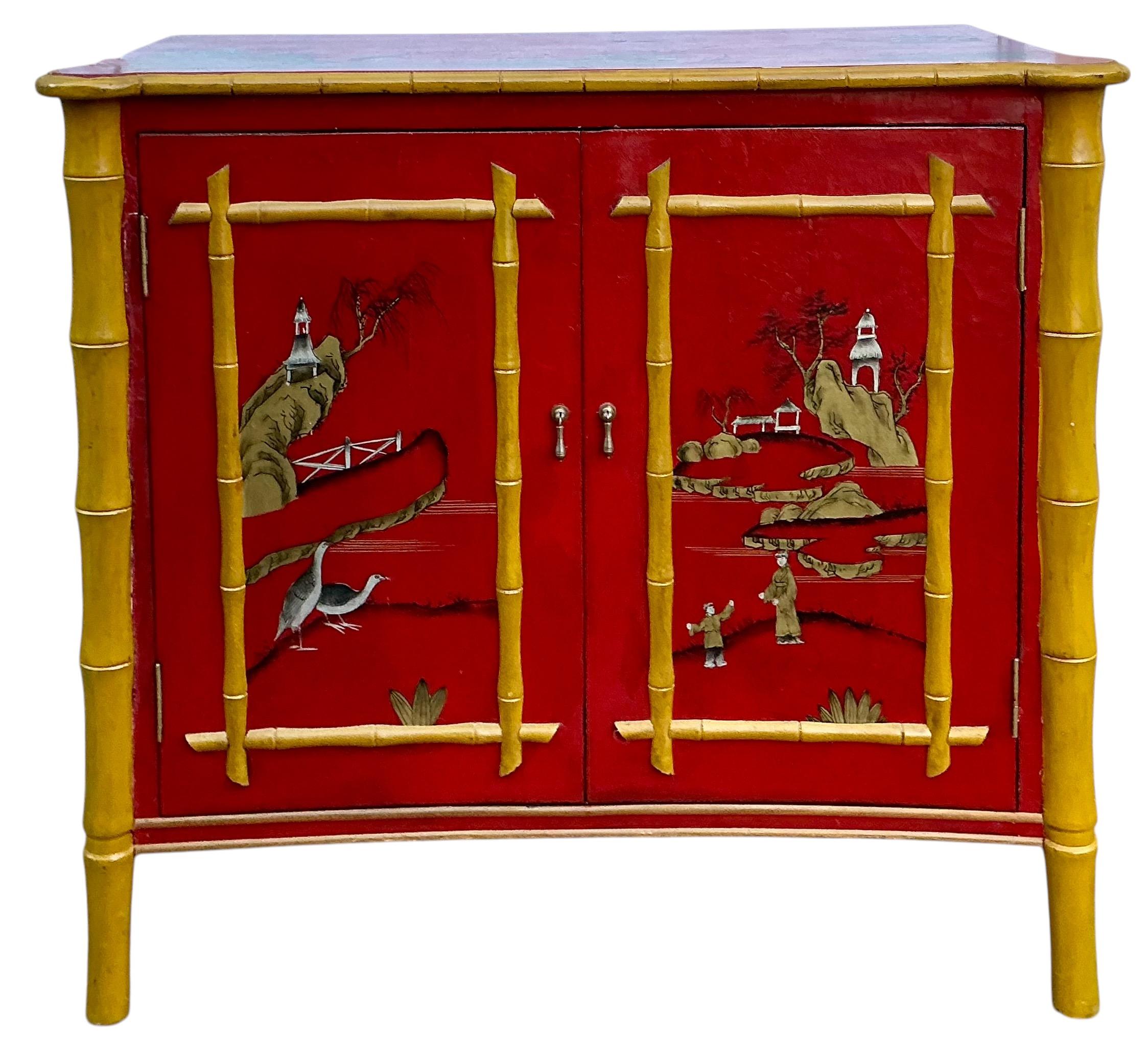 Regency Style Red Lacquer Chinoiserie Cabinet W/ Faux Bamboo Accents For Sale 3