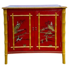 Regency Style Red Lacquer Chinoiserie Cabinet W/ Faux Bamboo Accents