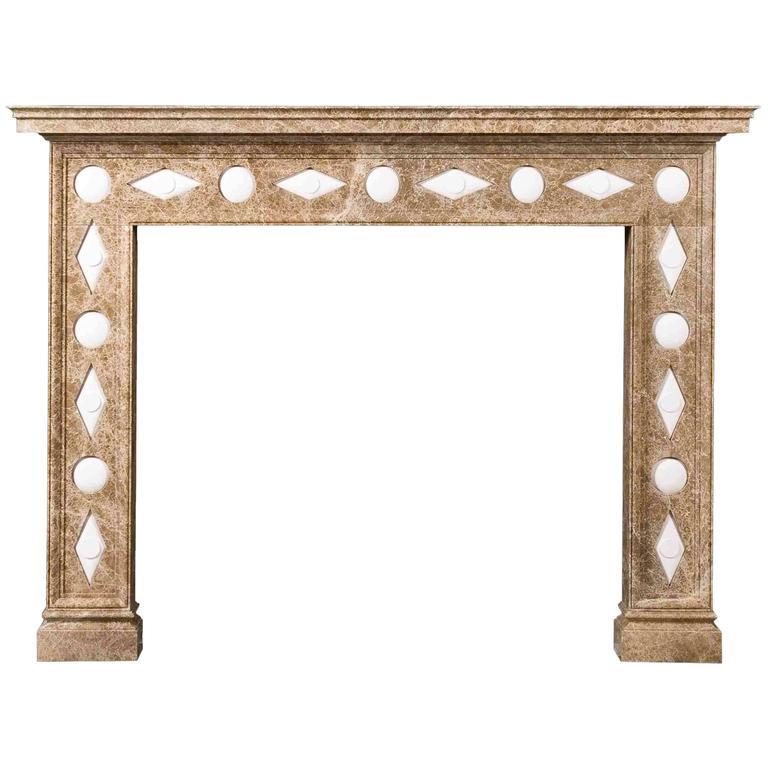 European Regency Style Reproduction Mantel in Light Emperador Marble and Limestone