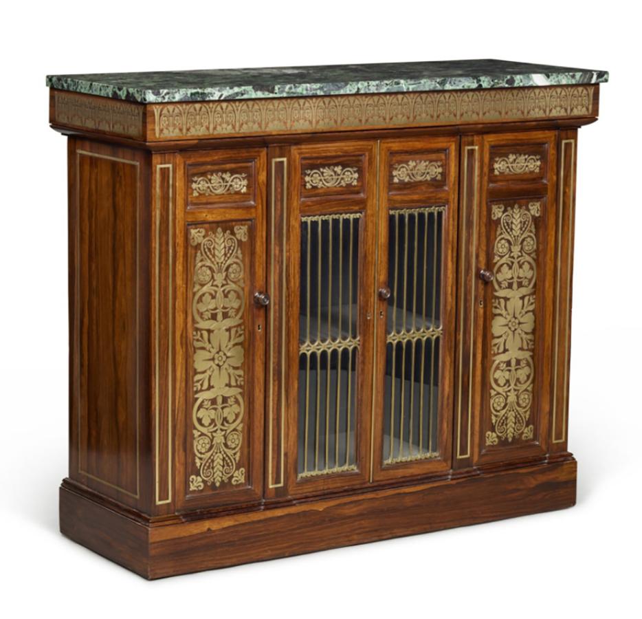 Rectangular antico verde marble top over a brass mounted frieze over a pair of doors enclosing a shelf and flanked by a door. Plinth base. Provenance; Hyde Park Antiques. New York, NY.
