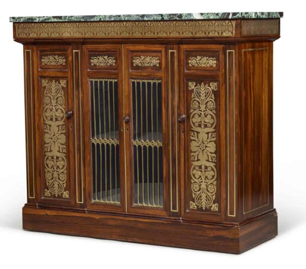 Regency Style Rosewood And Brass Inlaid Cabinet In Good Condition In Essex, MA