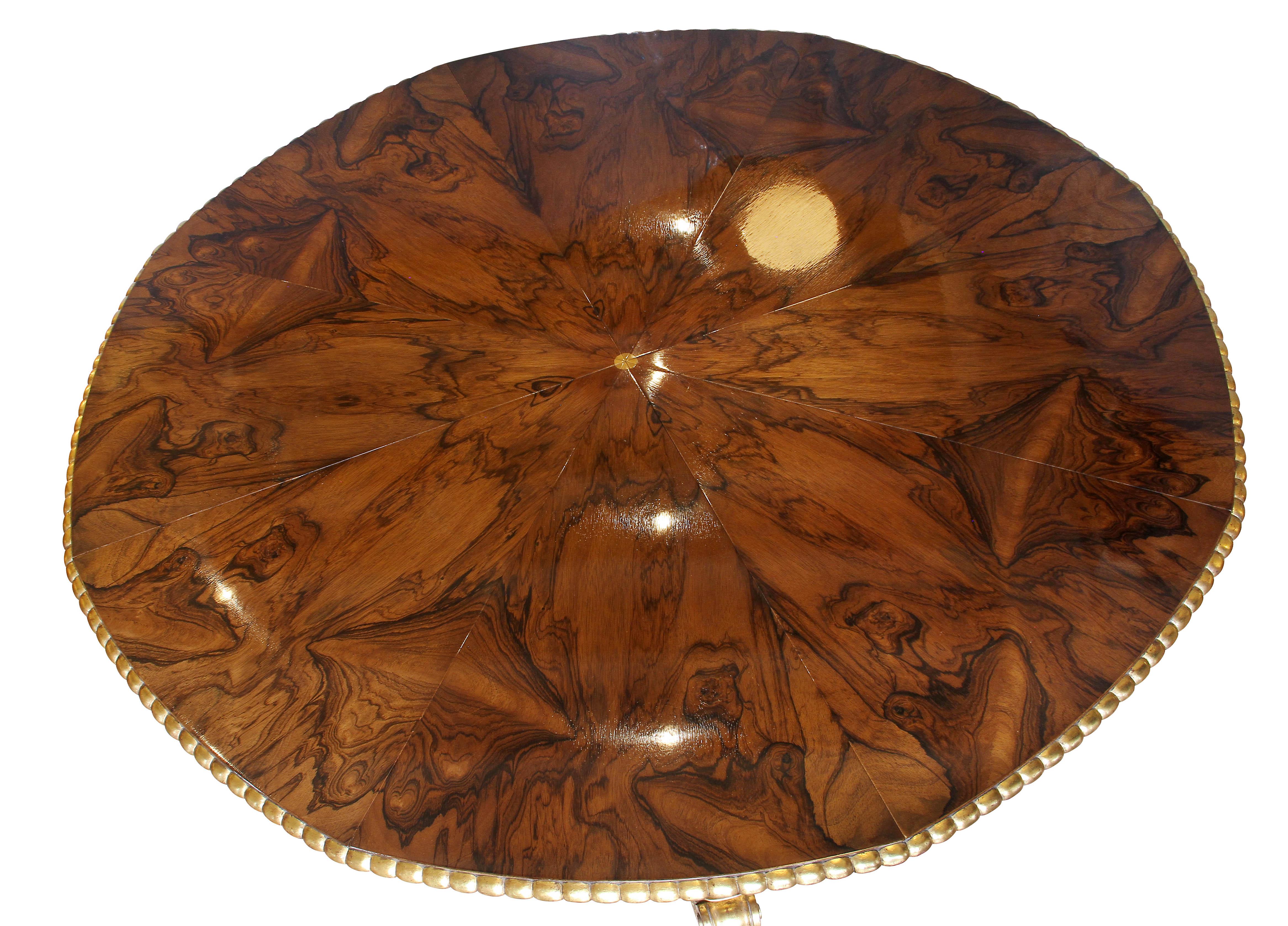 When fully open its circular with a gilded beaded edge, pie shape wedges when closed and stationary and additional rectangular leaves to expand fully. These tables have the ability to expand and remain circular, shaped support over a square concave