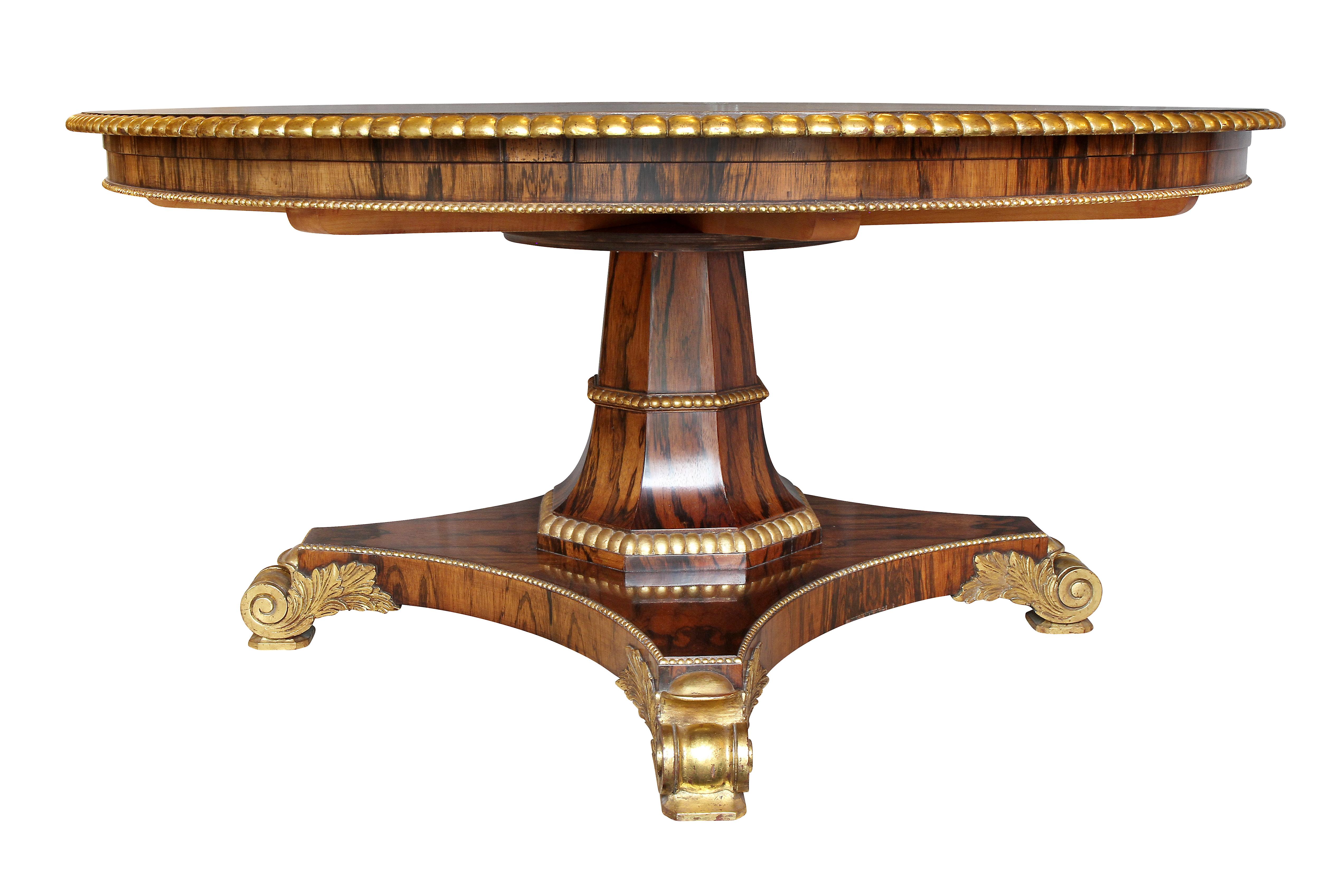 XIXe siècle Table de salle à manger de style Régence en bois de rose et doré « jug » Capstan en vente