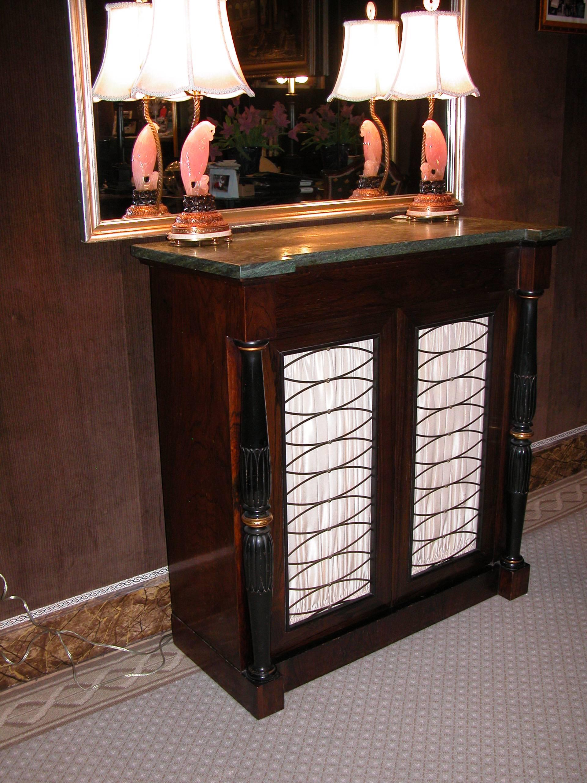 Unknown Regency Style Rosewood Console Cabinet with Green Marble-Top Drawer and Shelving For Sale