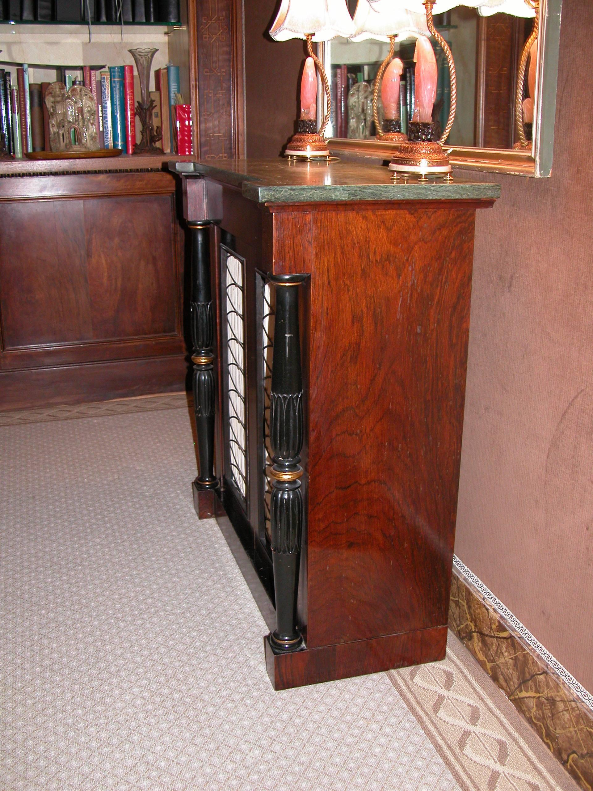 Veneer Regency Style Rosewood Console Cabinet with Green Marble-Top Drawer and Shelving For Sale