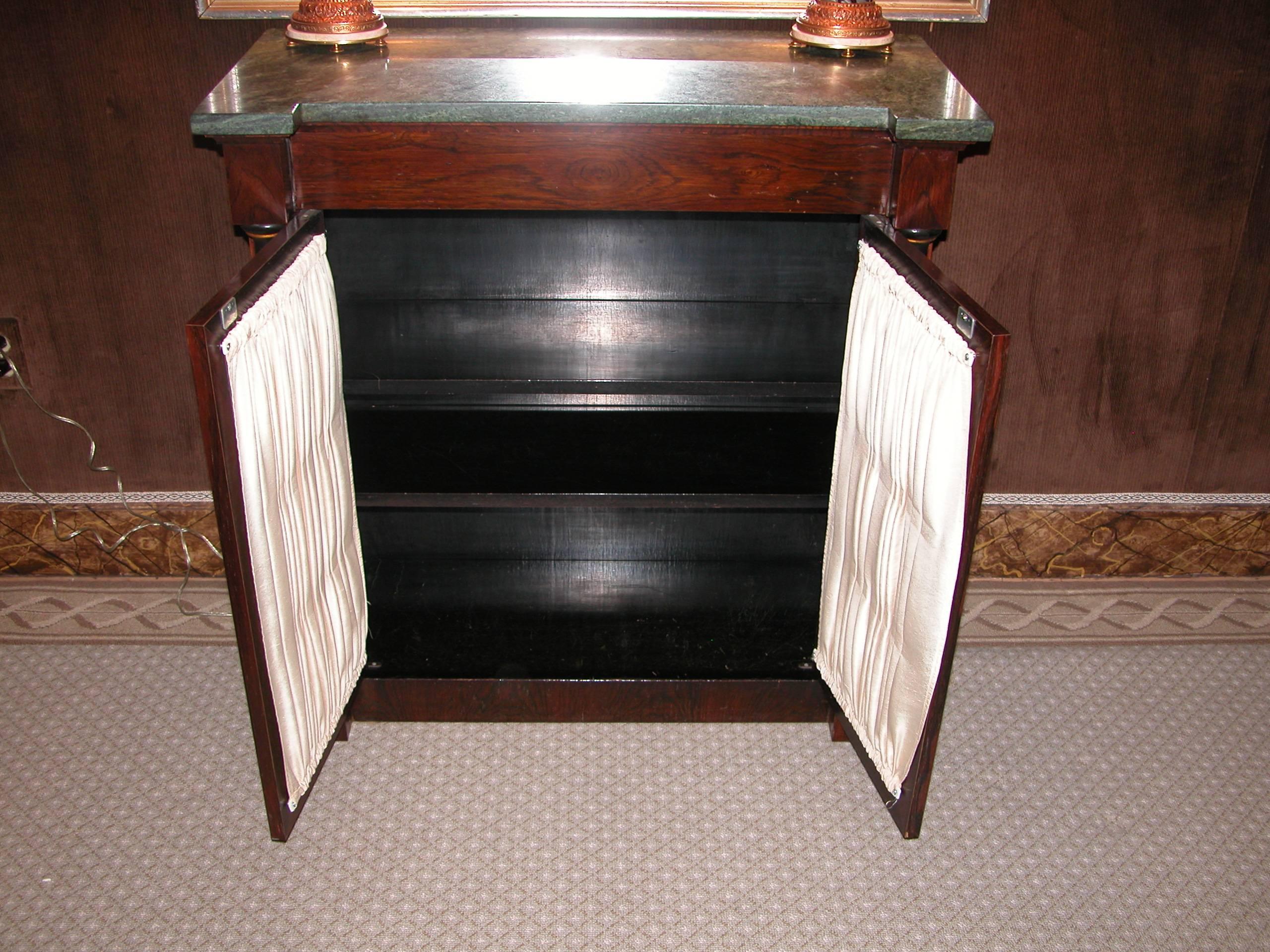 Late 20th Century Regency Style Rosewood Console Cabinet with Green Marble-Top Drawer and Shelving For Sale