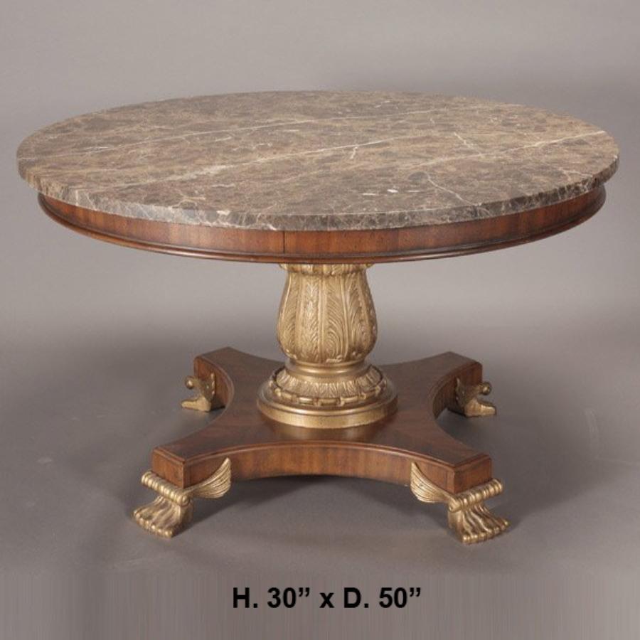 Very impressive Regency style round center table.
The beautiful round brown thick marble top over veneered frieze over carved pedestal with platform and gilt bronze lion feet with scrolls and wings,
mid-20th century.
Size: H 30