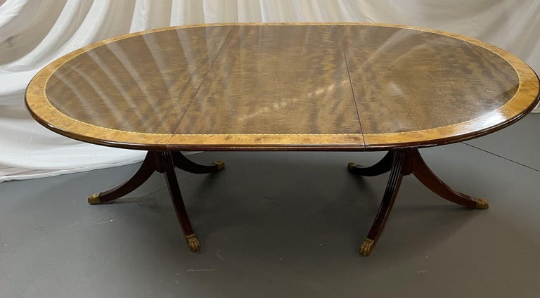 American Regency Style Round Regency Style Dining Table, Two Leaves, Banded, Pads For Sale