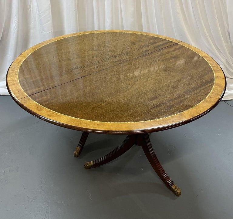 Brass Regency Style Round Regency Style Dining Table, Two Leaves, Banded, Pads For Sale