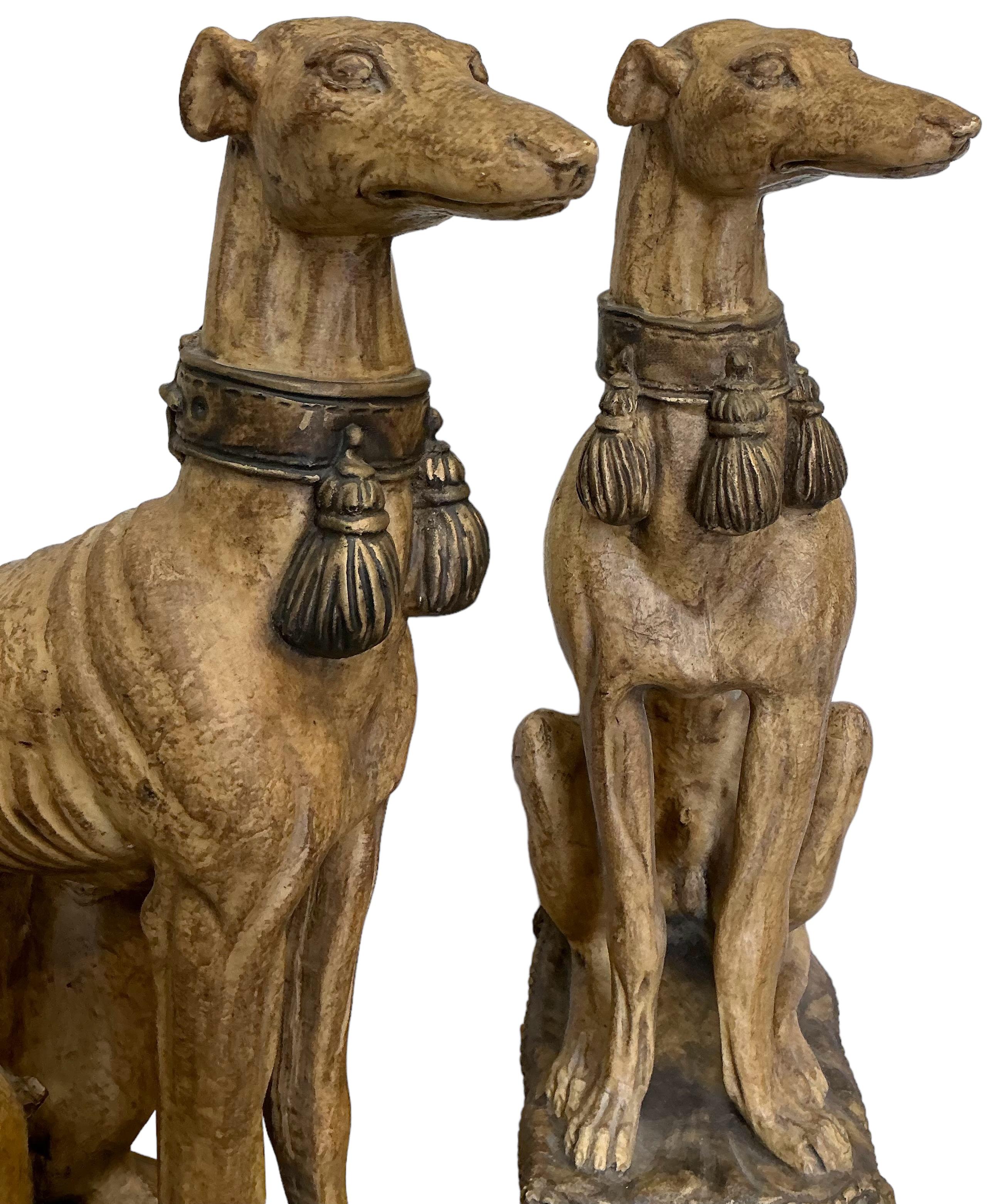 American Regency Style Seated Cast Whippets / Greyhounds Dogs Statues / Figurines -Pair