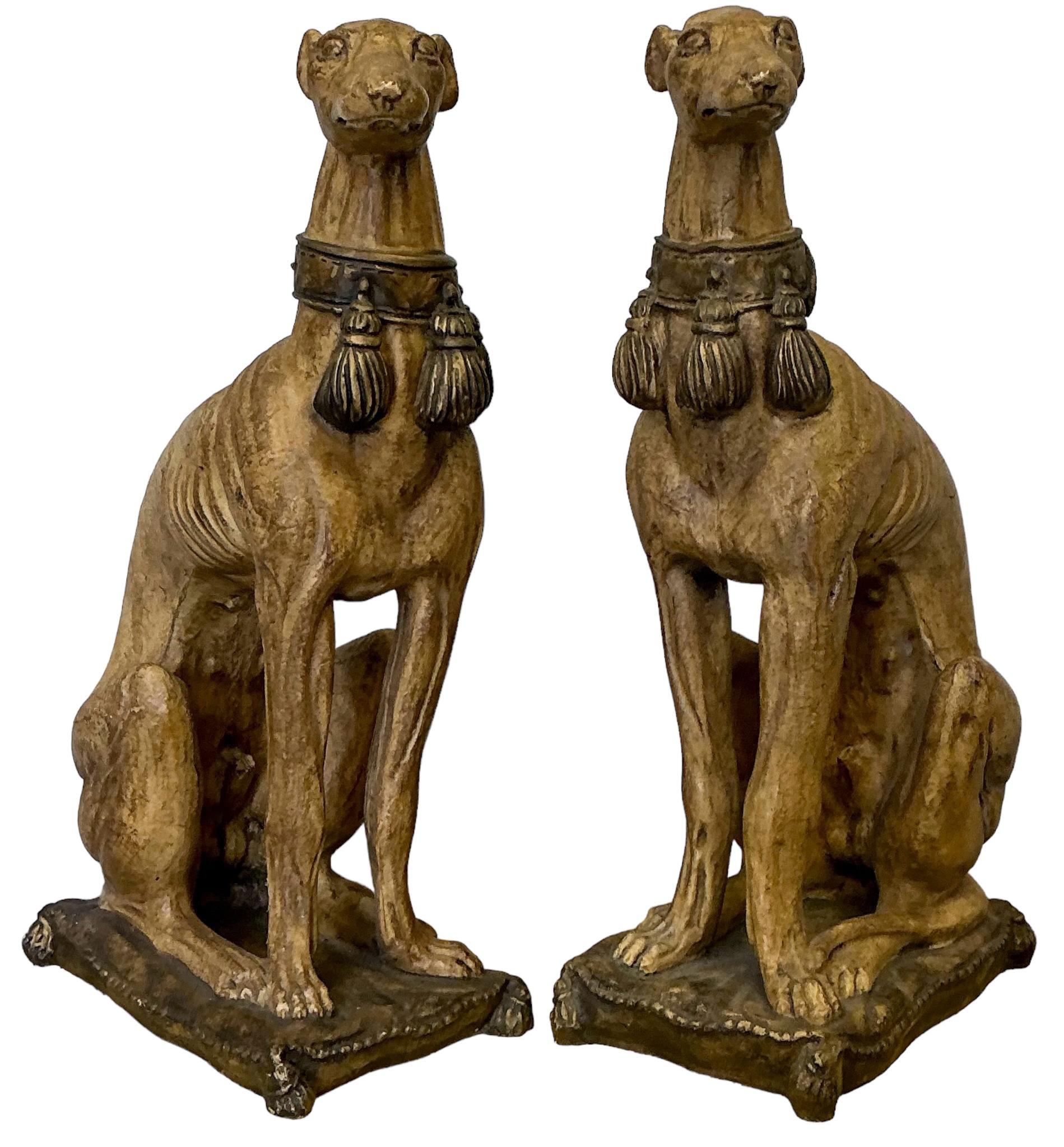20th Century Regency Style Seated Cast Whippets / Greyhounds Dogs Statues / Figurines -Pair