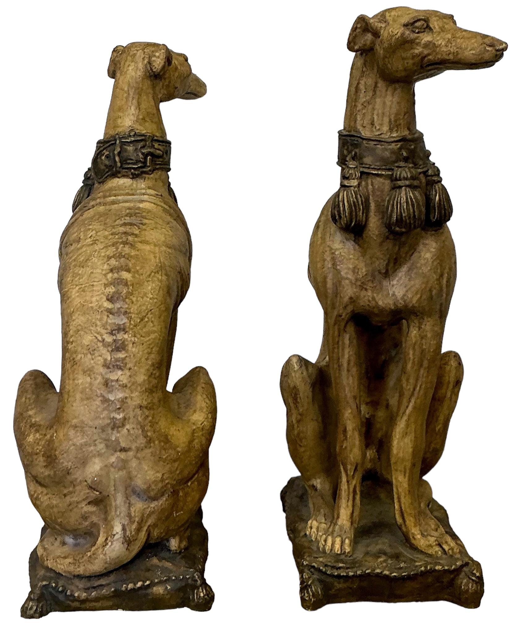Composition Regency Style Seated Cast Whippets / Greyhounds Dogs Statues / Figurines -Pair