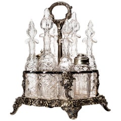 Antique Regency Style Silver Plate and Crystal Cruet Set, James Dixon, Grapevine Motif