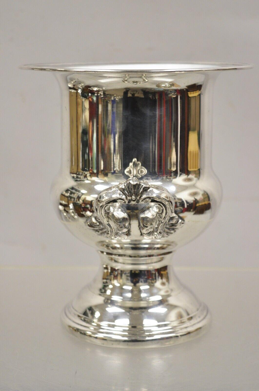 Vintage Regency Style Silver Plated Twin Handle Trophy Cup Champagne Bucket Ice Chiller. Circa  Mid to Late 20th Century.
Measurements: 10