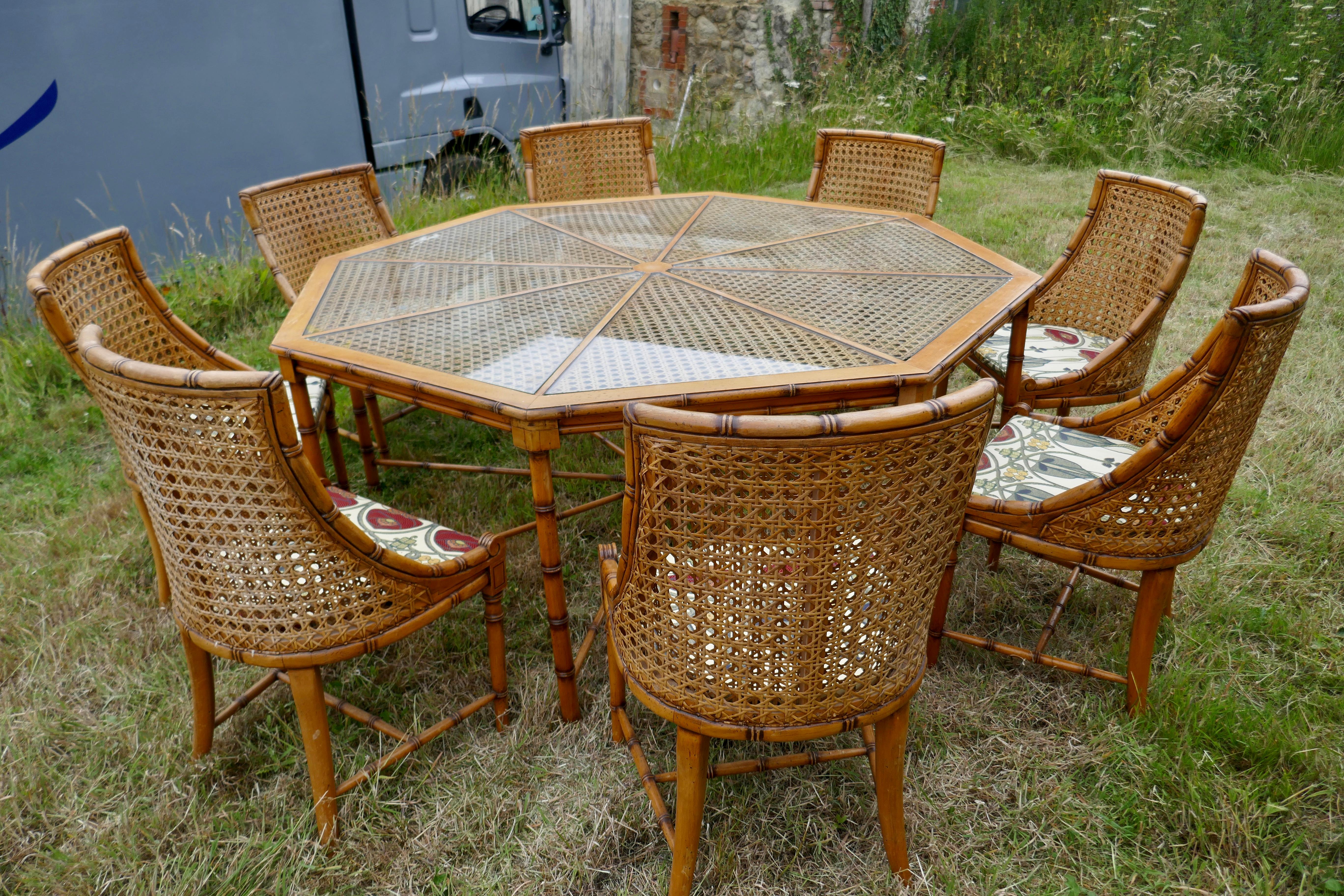 Regency Style Simulated Bamboo and Bergèr Set of 8 Chairs and Octagonal Table 4