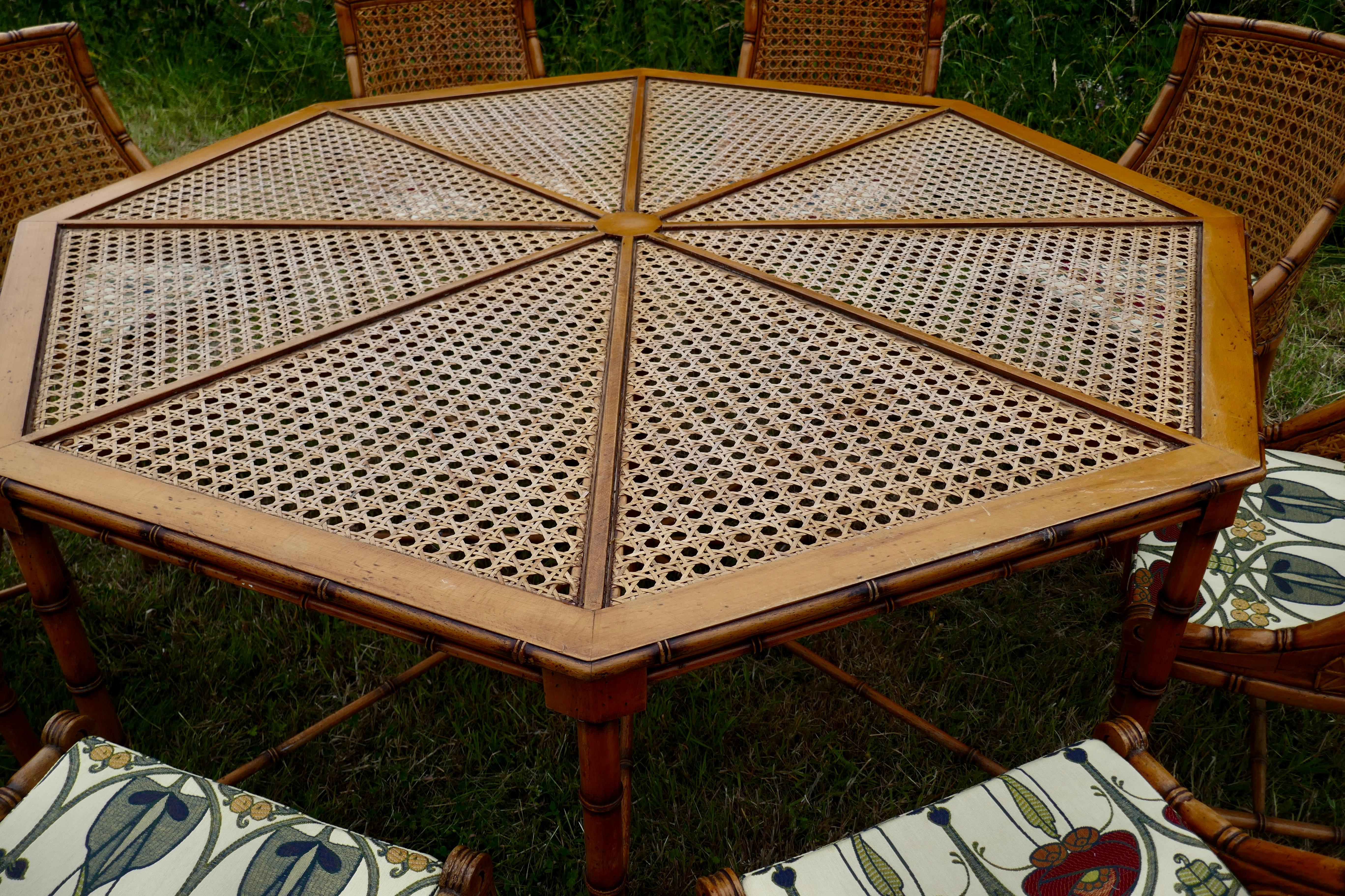 Regency style simulated bamboo and bergèr set of 8 chairs and octagonal table

This superb and very large set would be wonderful in a large Garden or modern conservatory, the table is octagonal and accommodates a diner at the end of each octagonal