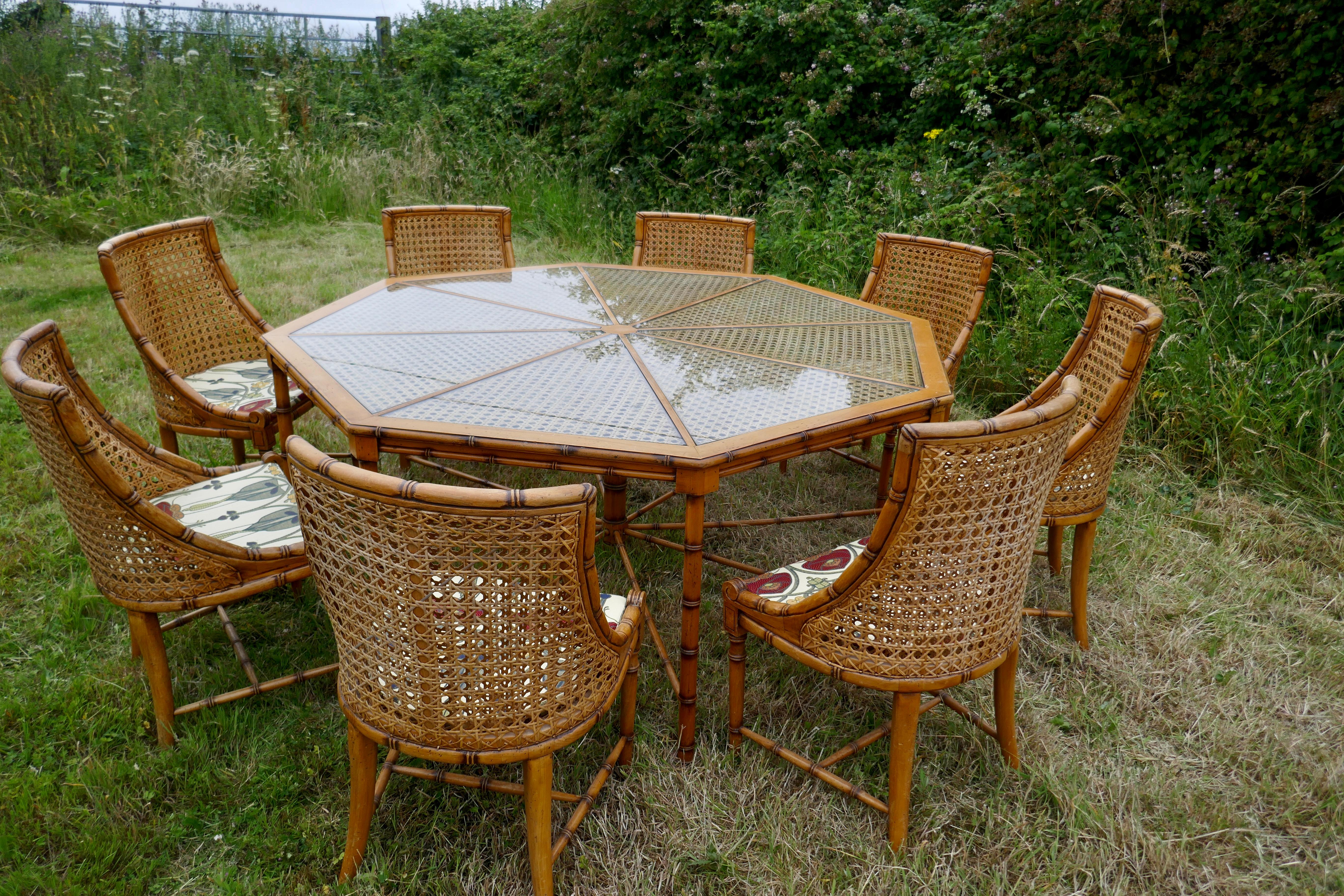 Regency Revival Regency Style Simulated Bamboo and Bergèr Set of 8 Chairs and Octagonal Table