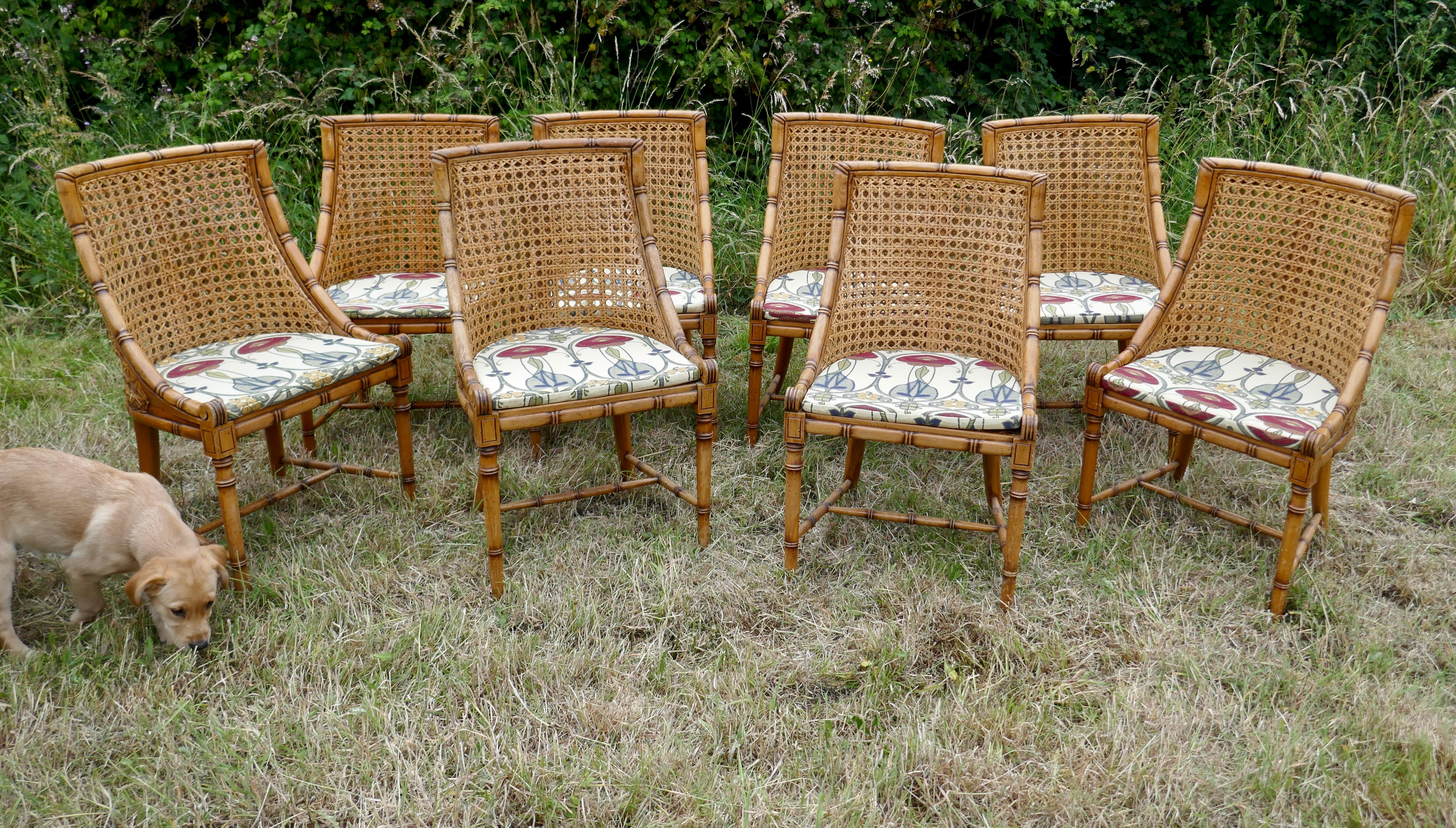 20th Century Regency Style Simulated Bamboo and Bergèr Set of 8 Chairs and Octagonal Table