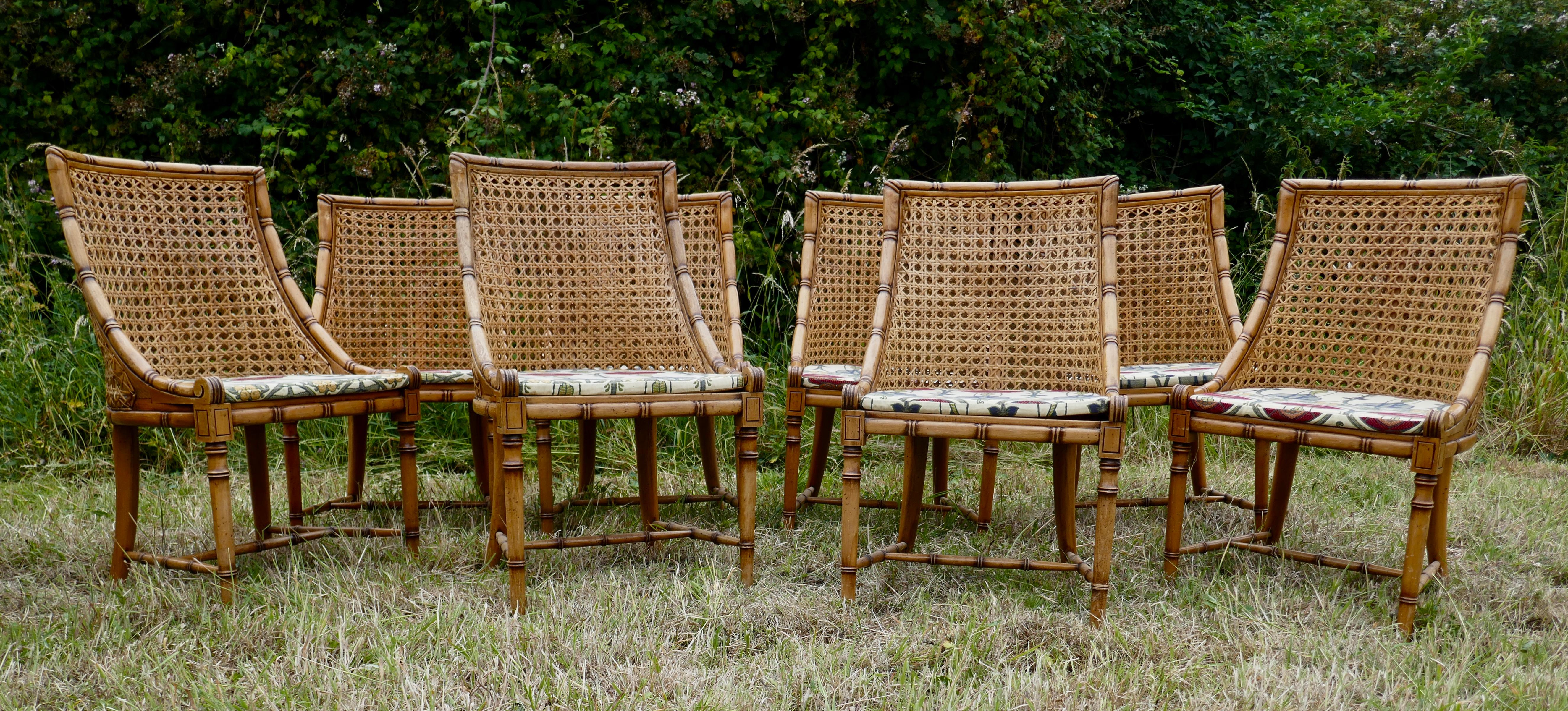 Wood Regency Style Simulated Bamboo and Bergèr Set of 8 Chairs and Octagonal Table