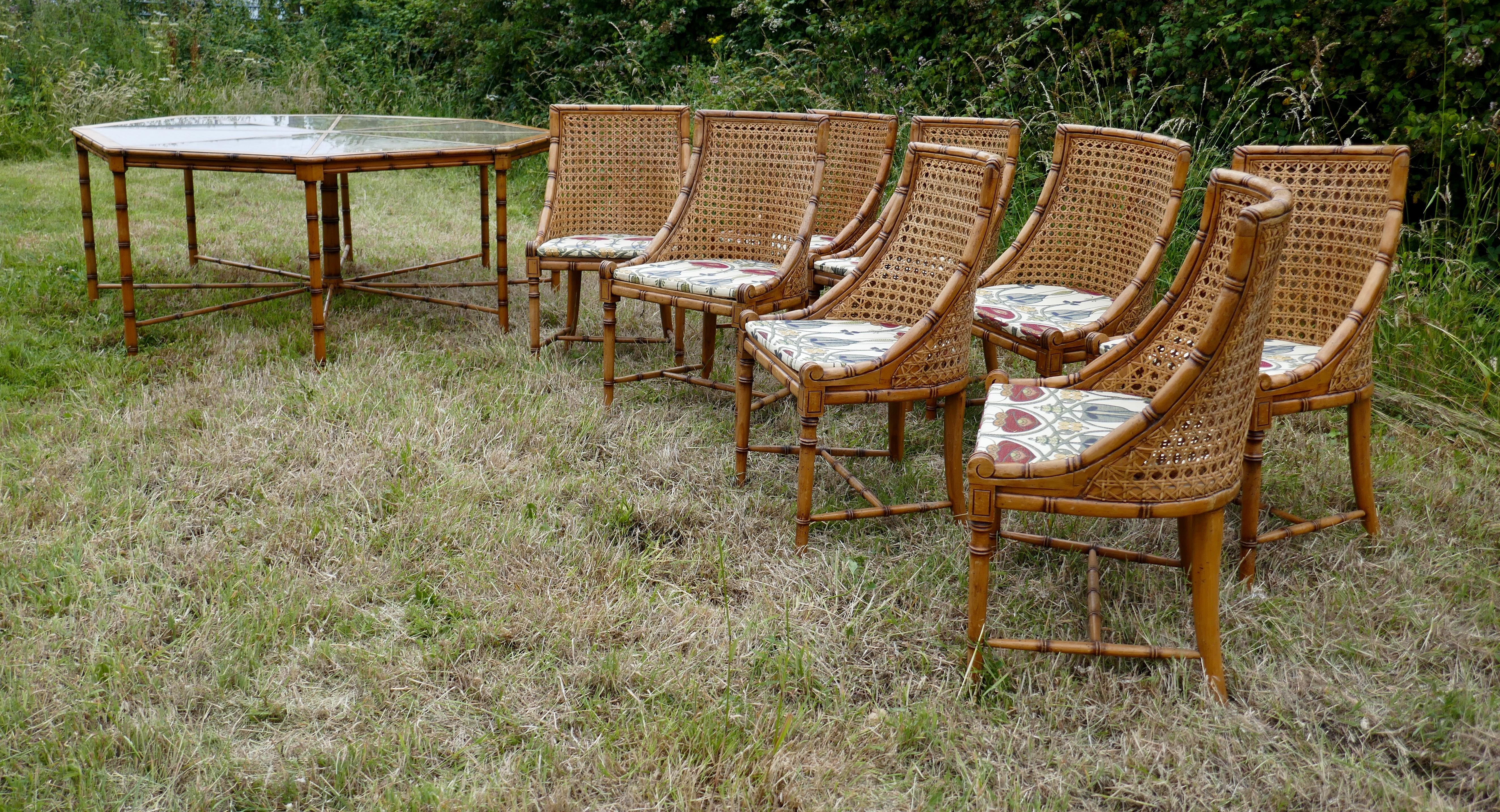 Regency Style Simulated Bamboo and Bergèr Set of 8 Chairs and Octagonal Table 1