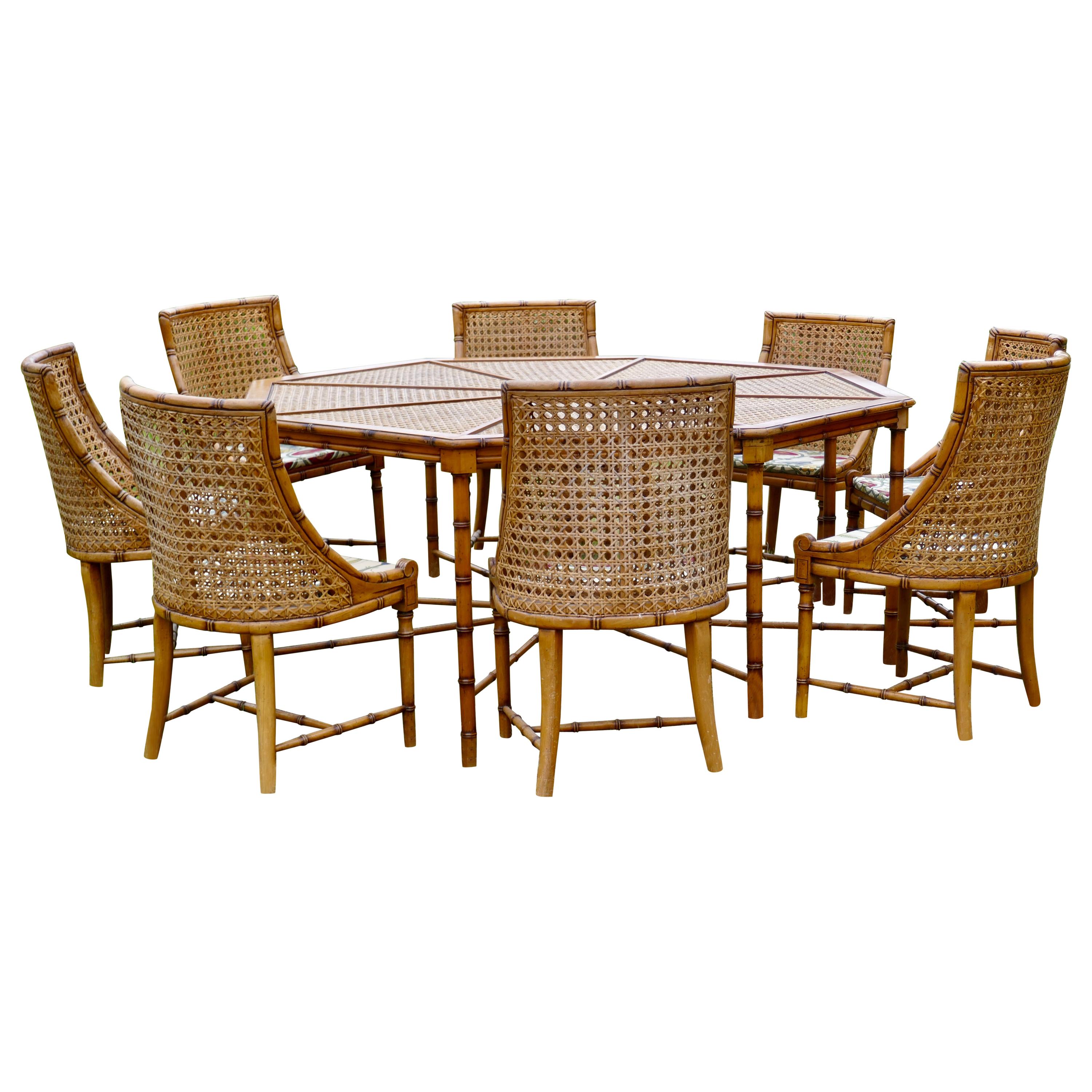 Regency Style Simulated Bamboo and Bergèr Set of 8 Chairs and Octagonal Table