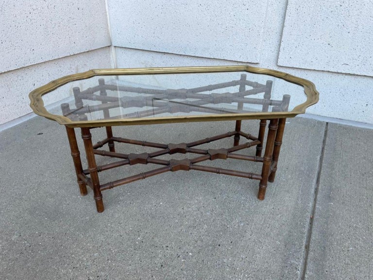 Regency Style Small Scale Brass Frame Glass Top Coffee Table Faux