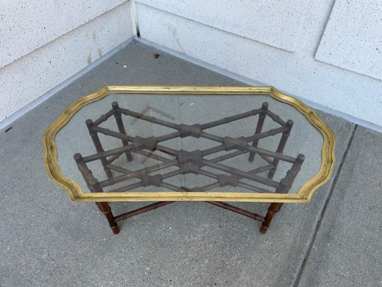 Regency Style Small Scale Brass Frame Glass Top Coffee Table Faux