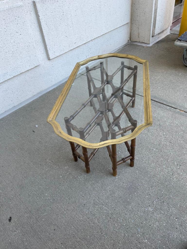 20th Century Regency Style Small Scale Brass Frame Glass Top Coffee Table Faux Bamboo Base For Sale