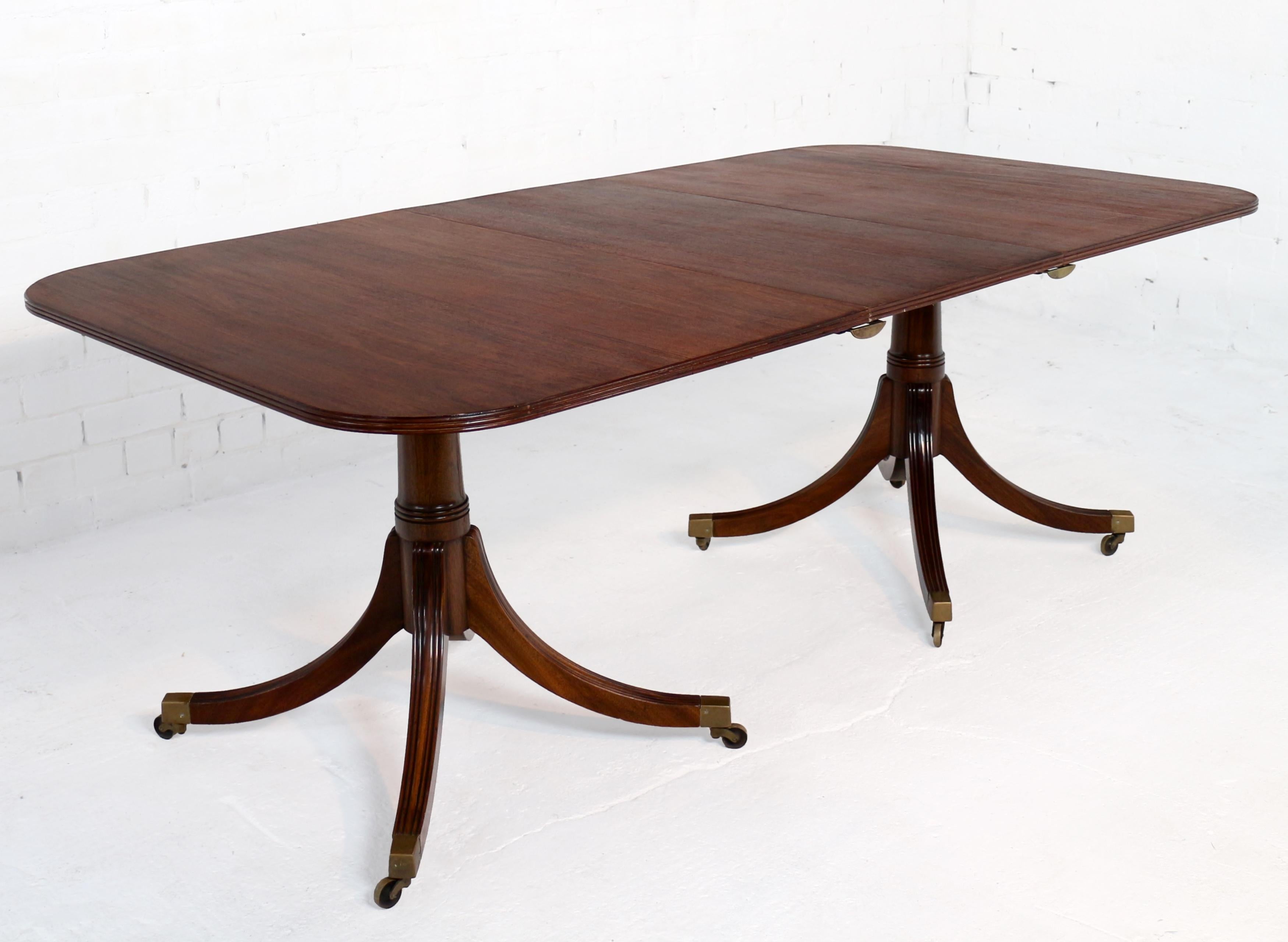 English Regency Style Solid Mahogany Twin Pillar Dining Table/Pair Side Tables, Seats 8