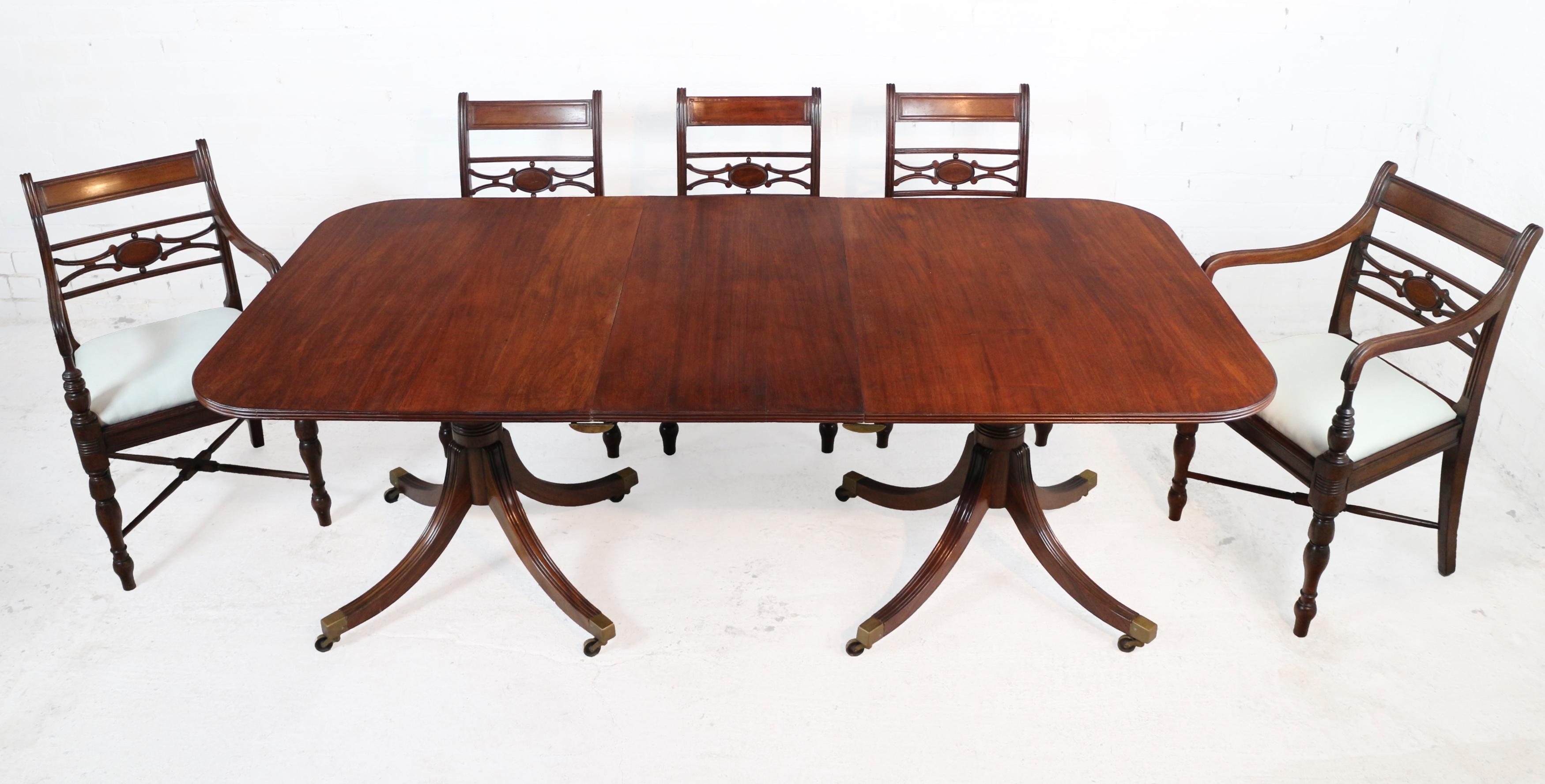 20th Century Regency Style Solid Mahogany Twin Pillar Dining Table/Pair Side Tables, Seats 8