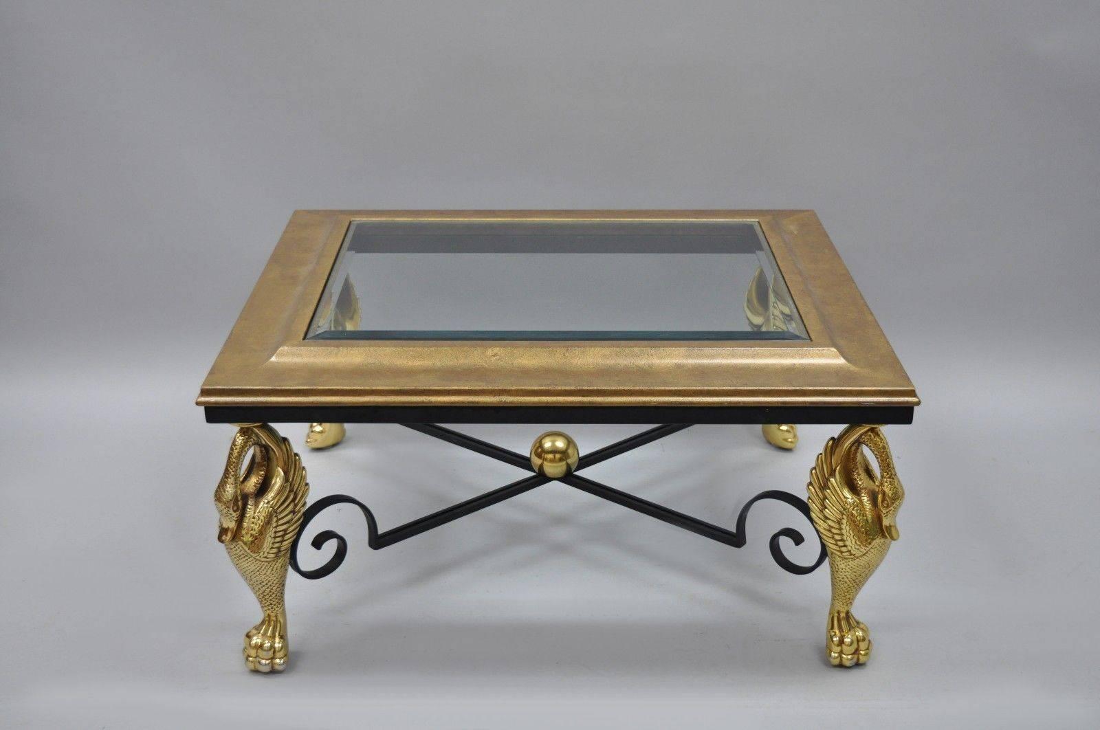 Regency Style Swan Base Rectangular Coffee Table Gold Metal Iron and Glass Top For Sale 2
