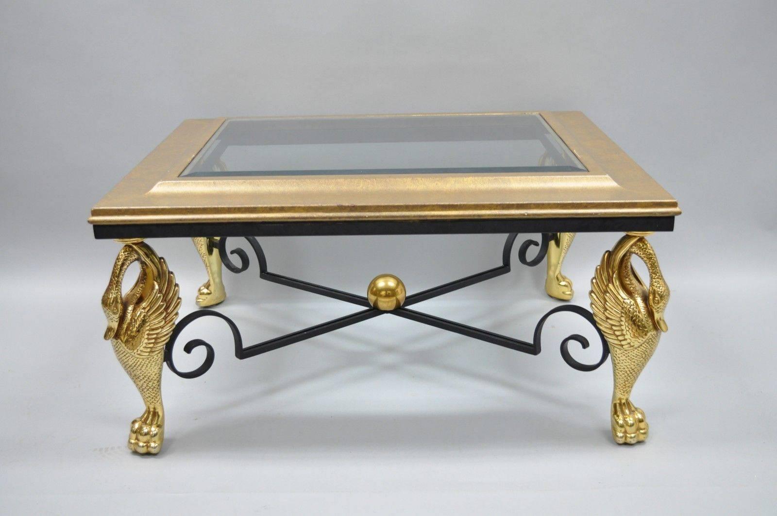 Regency Style Swan Base Rectangular Coffee Table Gold Metal Iron and Glass Top For Sale 2