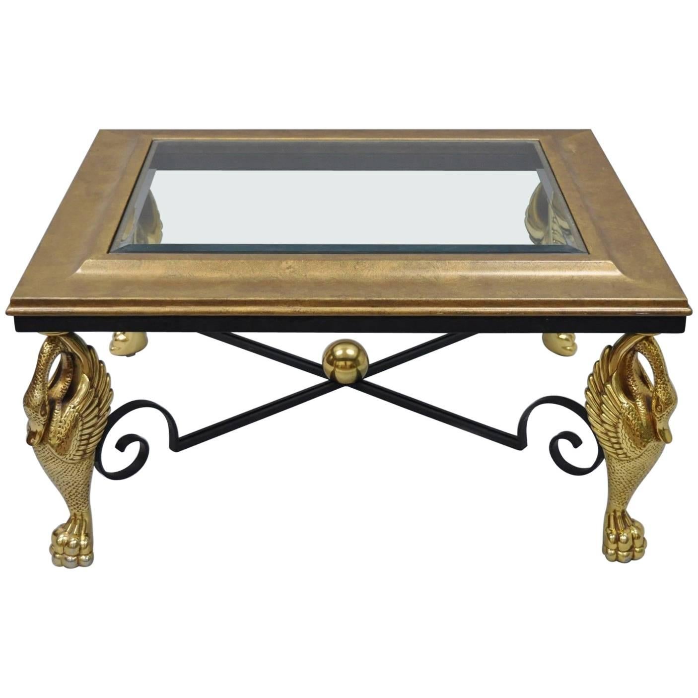 Regency Style Swan Base Rectangular Coffee Table Gold Metal Iron and Glass Top