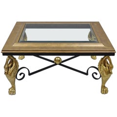 Regency Style Swan Base Rectangular Coffee Table Gold Metal Iron and Glass Top