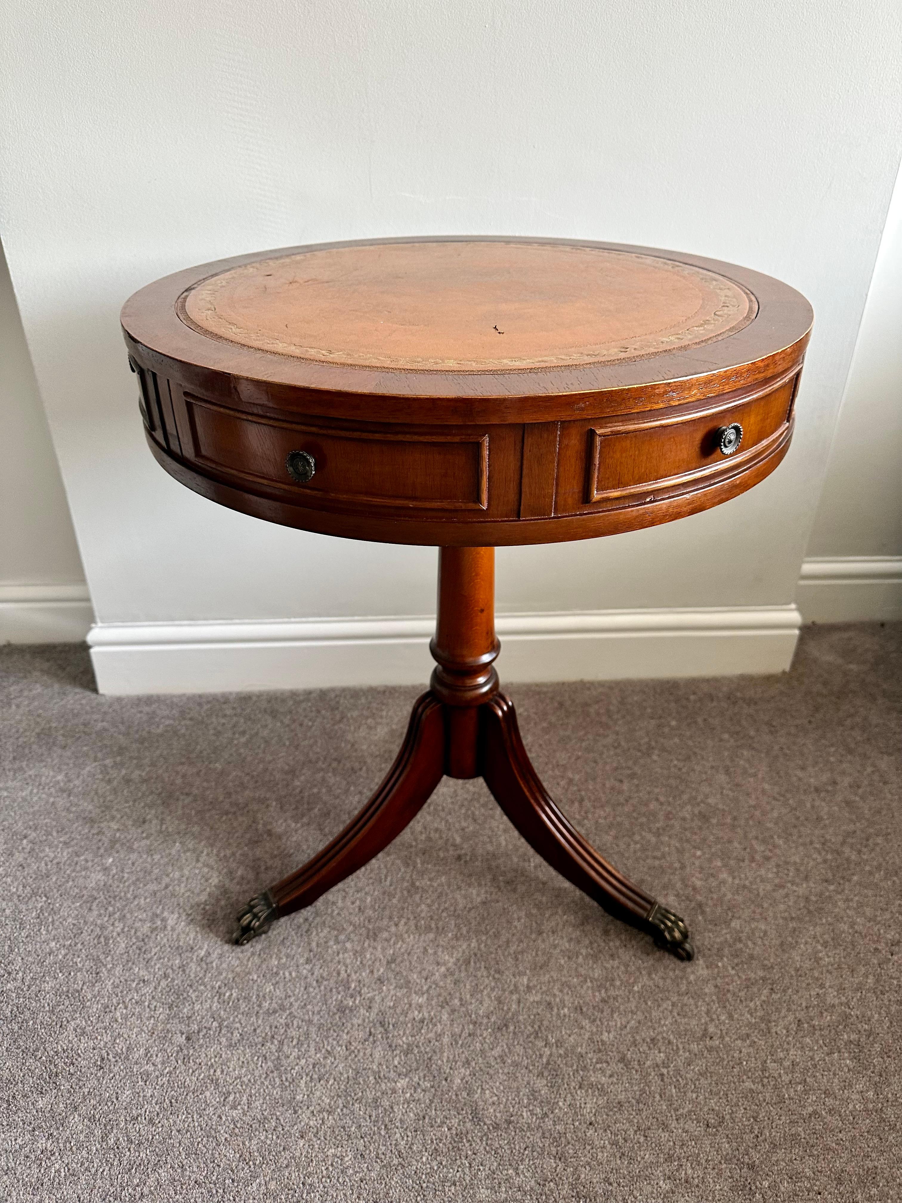 English Regency Style Tan Leather Drum Side End Table with Drawers